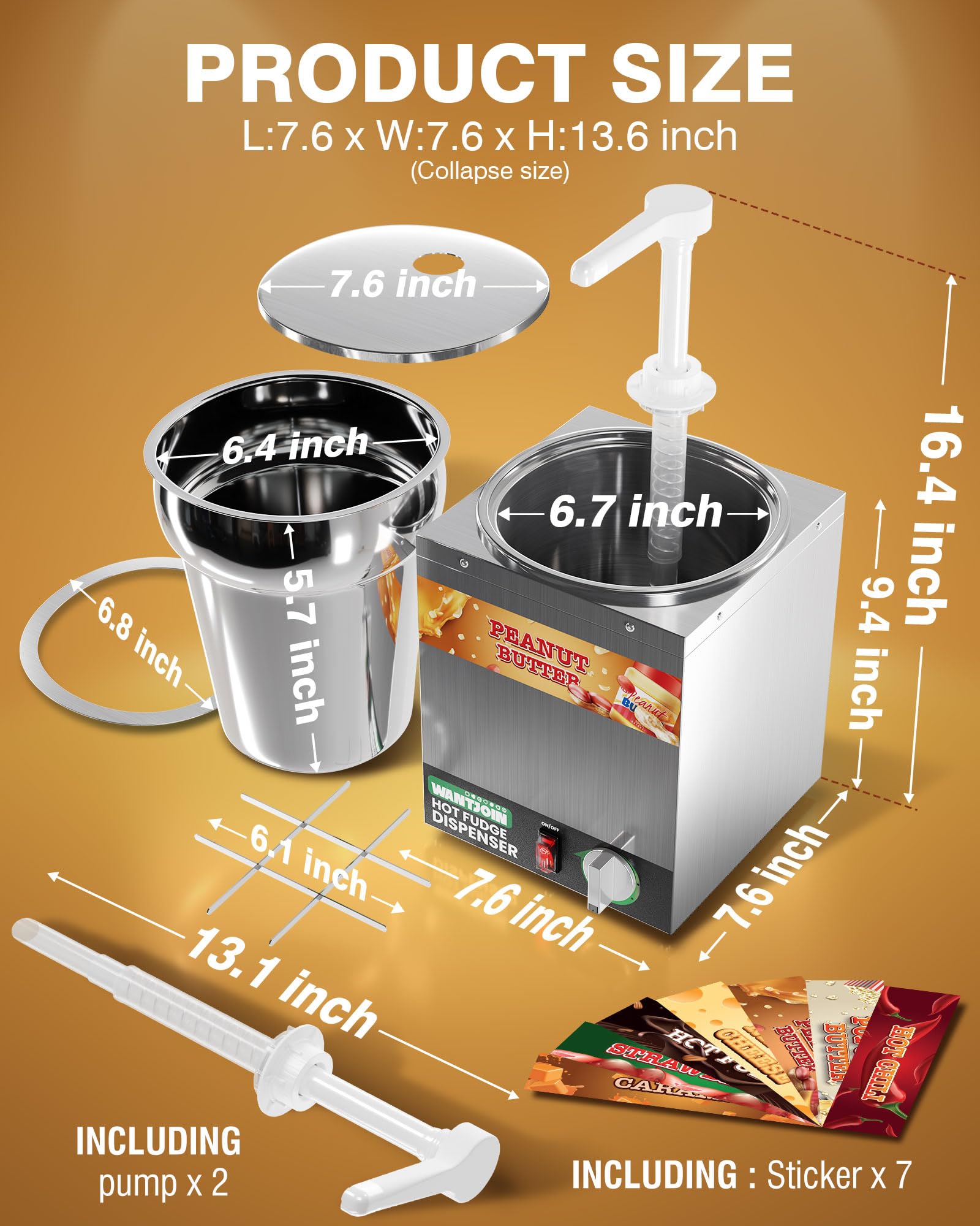 Stainless Steel Nacho Cheese Dispenser with Pump - 4.6Qt Electric Cheese Warmer with 5-Level Temperature Control - Perfect for Hot Fudge, Caramel & Cheese Sauce - Ideal for Movie Nights, Parties & Restaurant Use
