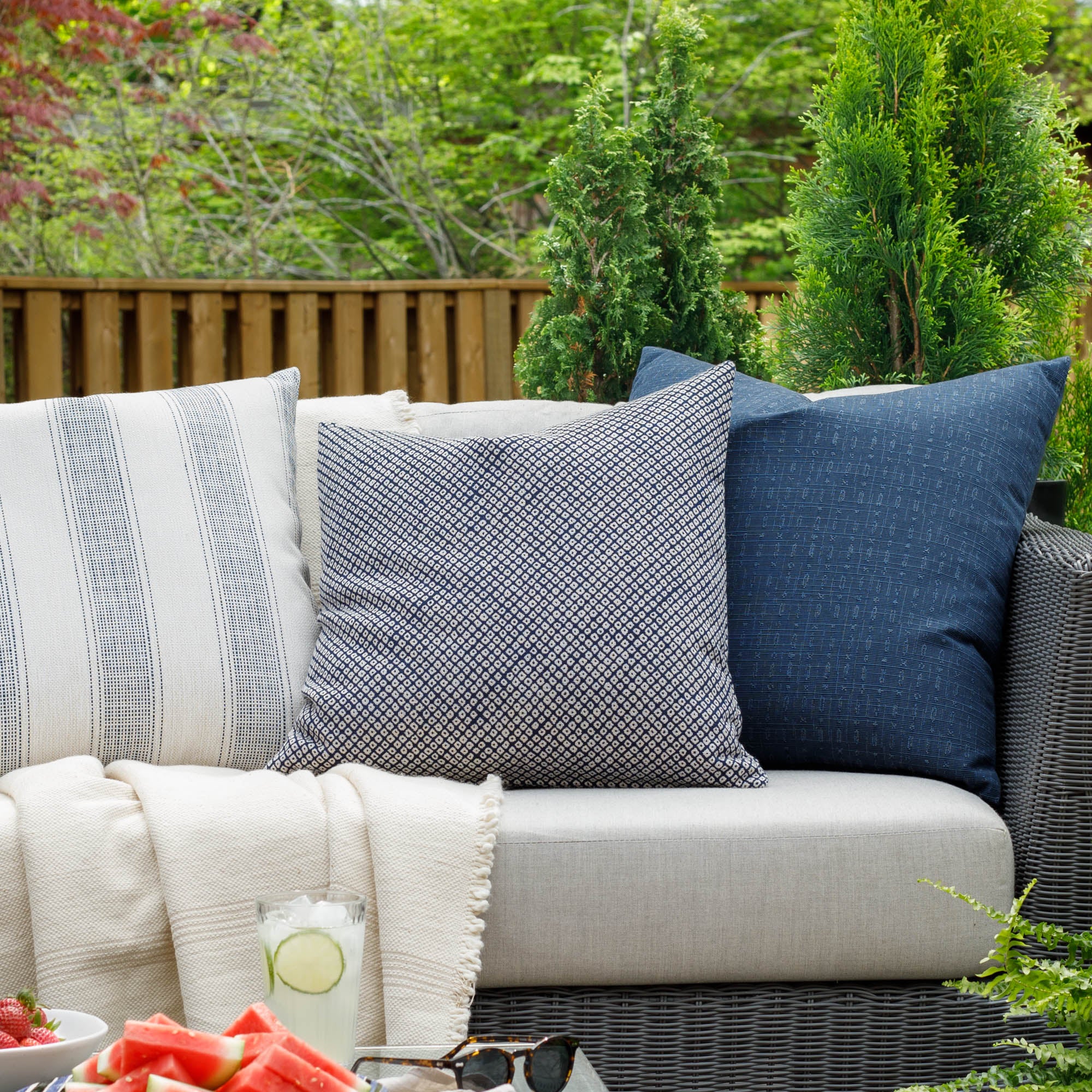 Shibori 20x20 Outdoor Pillow Cover - Hand-Dyed Indigo Blue Boho Decorative Throw Pillow for Patio, Porch, Garden & Poolside Lounging
