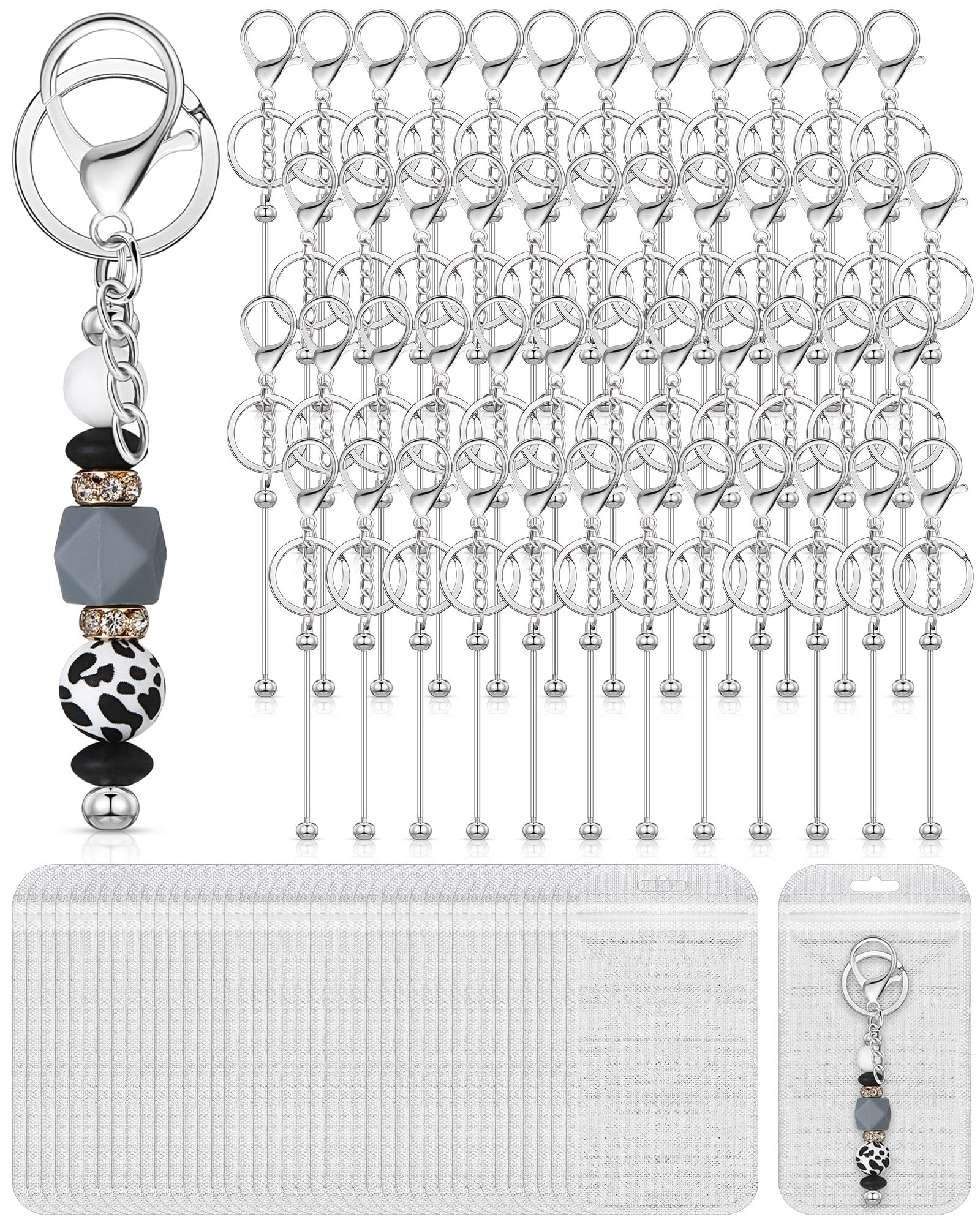 DIY Beadable Keychain Bars - 96 Pcs with Resealable Pouches for Jewelry Making & Gifts