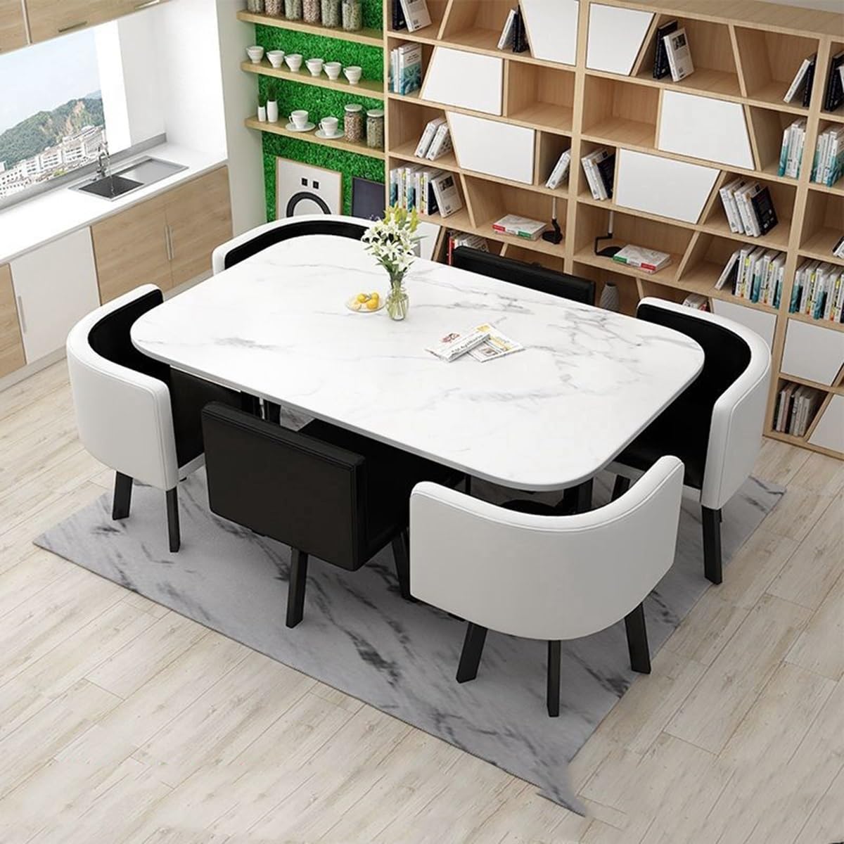 Black 6-Piece Dining Table Set with Chairs - Perfect for Office Meetings, Conference Rooms, Coffee Bars & Business Receptions - Modern Reception Table & Chair Combo for Professional Spaces