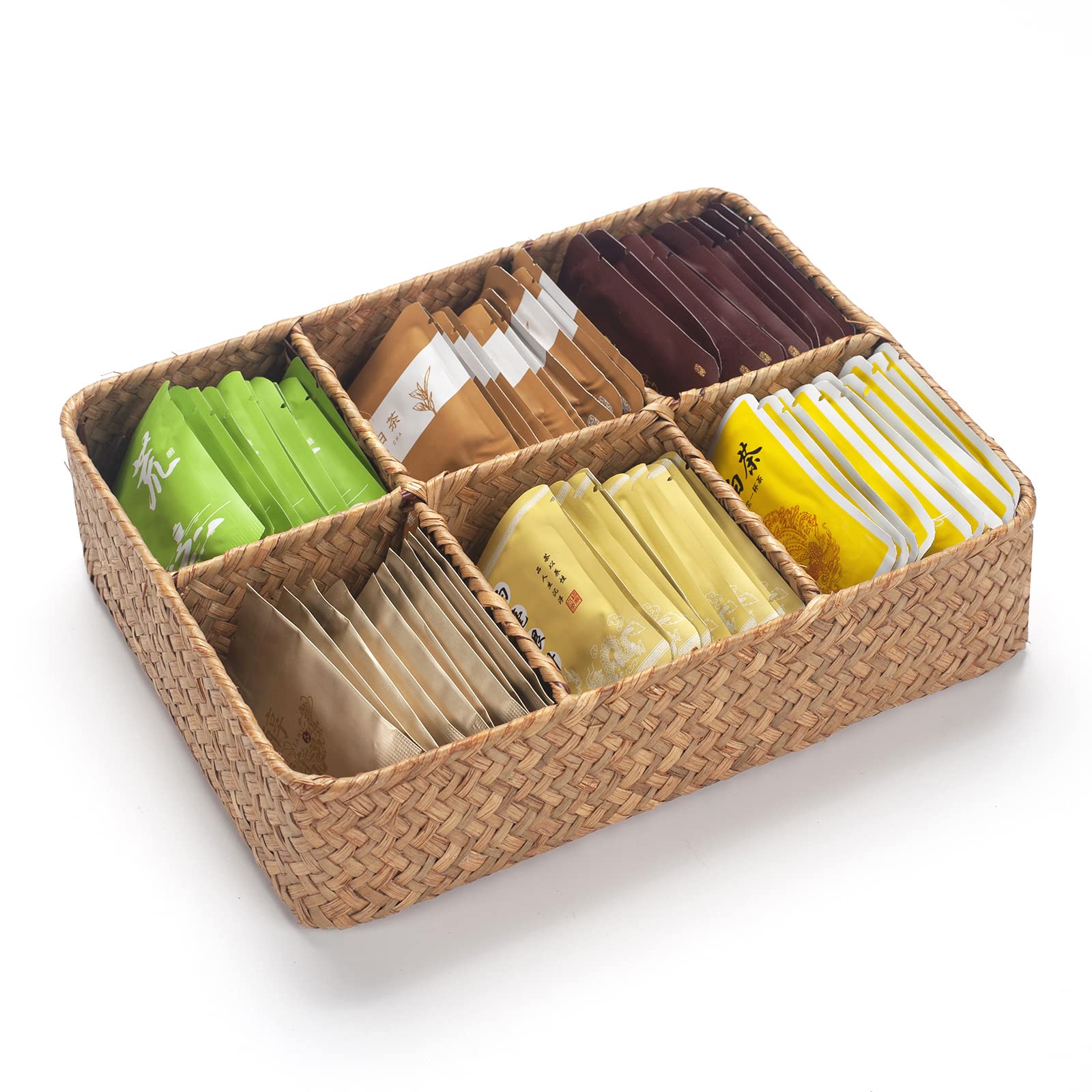 Seagrass Wicker Rattan Divided Basket Organizer - Tea Bag & Sugar Packet Holder, Coffee Station Condiment Storage for Drawer, Shelf or Countertop - Perfect for Kitchen, Pantry & Dining Room Organization