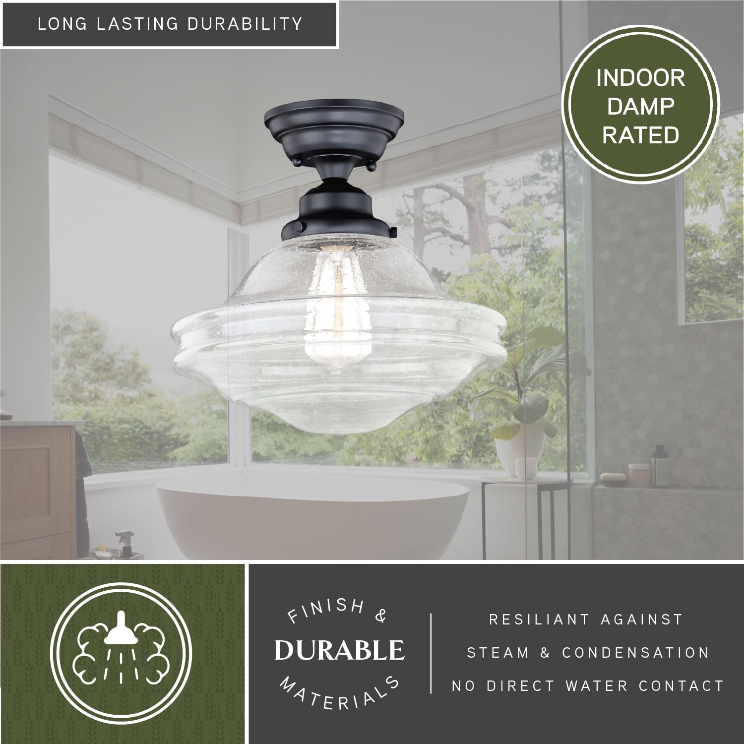VAXCEL Huntley 12-inch Wide Bronze Farmhouse Schoolhouse Semi-Flush Mount Ceiling Light Fixture with Clear Glass Shade - Perfect for Kitchen, Dining Room, Bedroom, and Entryway Lighting