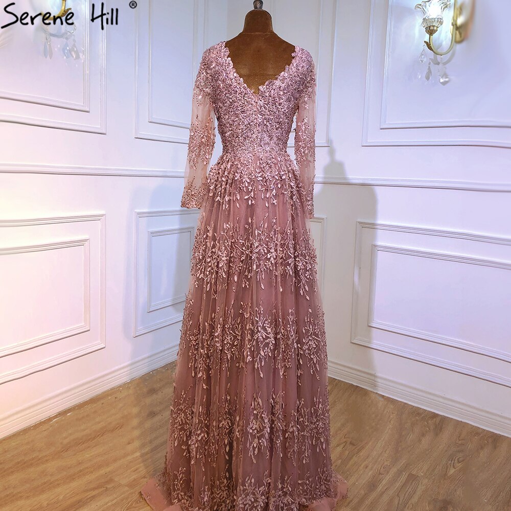 Serene Hill Muslim Pink Luxury Evening Dresses 2025 - Long Sleeve Crystal A-Line Gowns for Women | Elegant Party Wear, Wedding Guest Dress, Formal Occasions