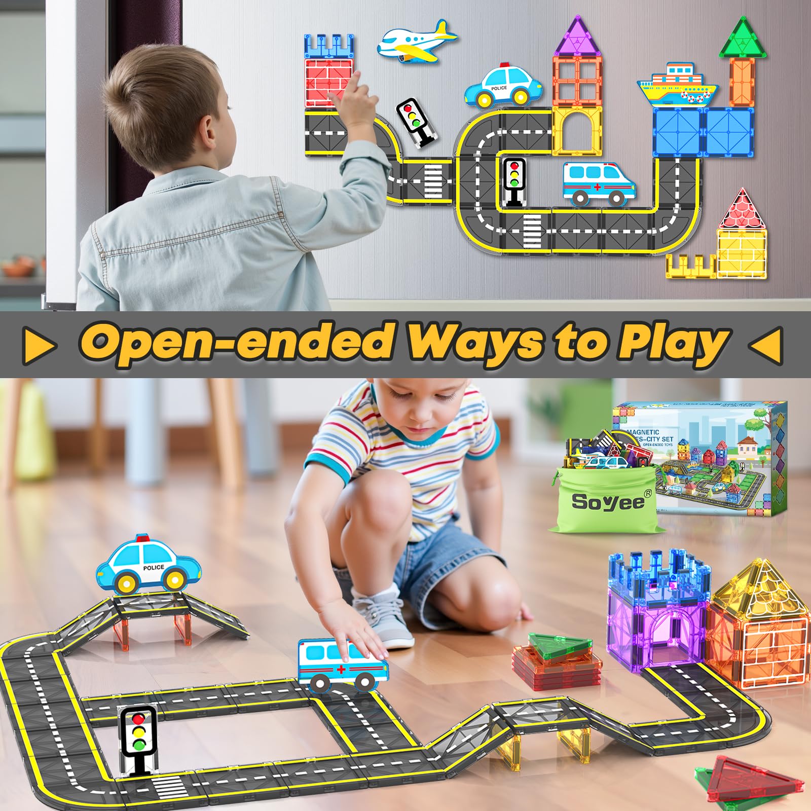 Soyee Magnetic Tiles Road Cars Toys - 120PCS Magnetic Building Blocks for Kids Ages 3-8, STEM Educational Construction Toys for Toddlers & Preschoolers - Perfect Birthday Gift for Boys & Girls | Creative Play, Classroom Learning, Sensory Development