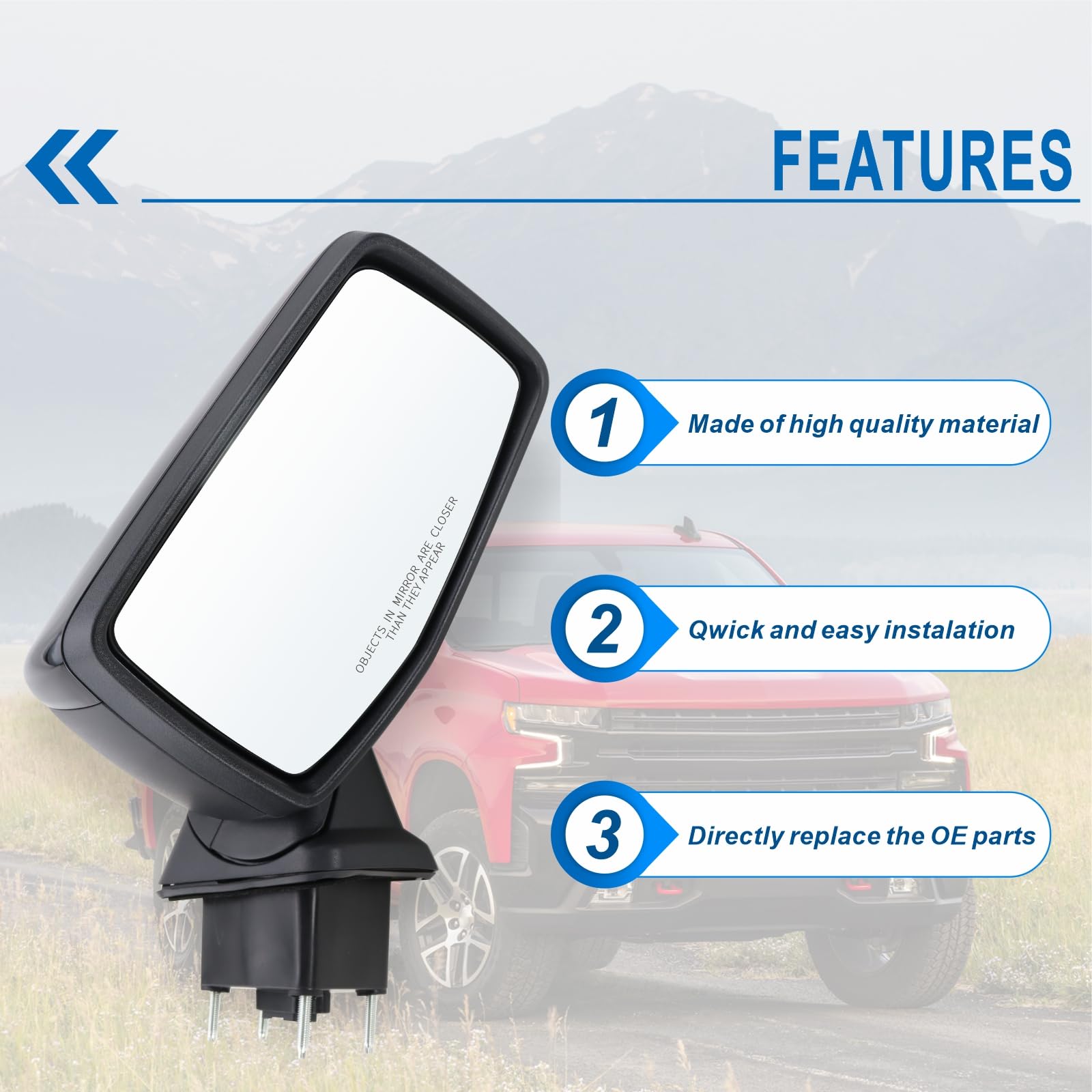 Right Passenger Side Mirror Replacement for 2019-2024 Chevy Silverado 1500 - Power Glass, Manual Folding, Heated (No Turn Signal) - Compatible with #GM1321583 (7-Pin) - Perfect for Winter Driving & Truck Maintenance