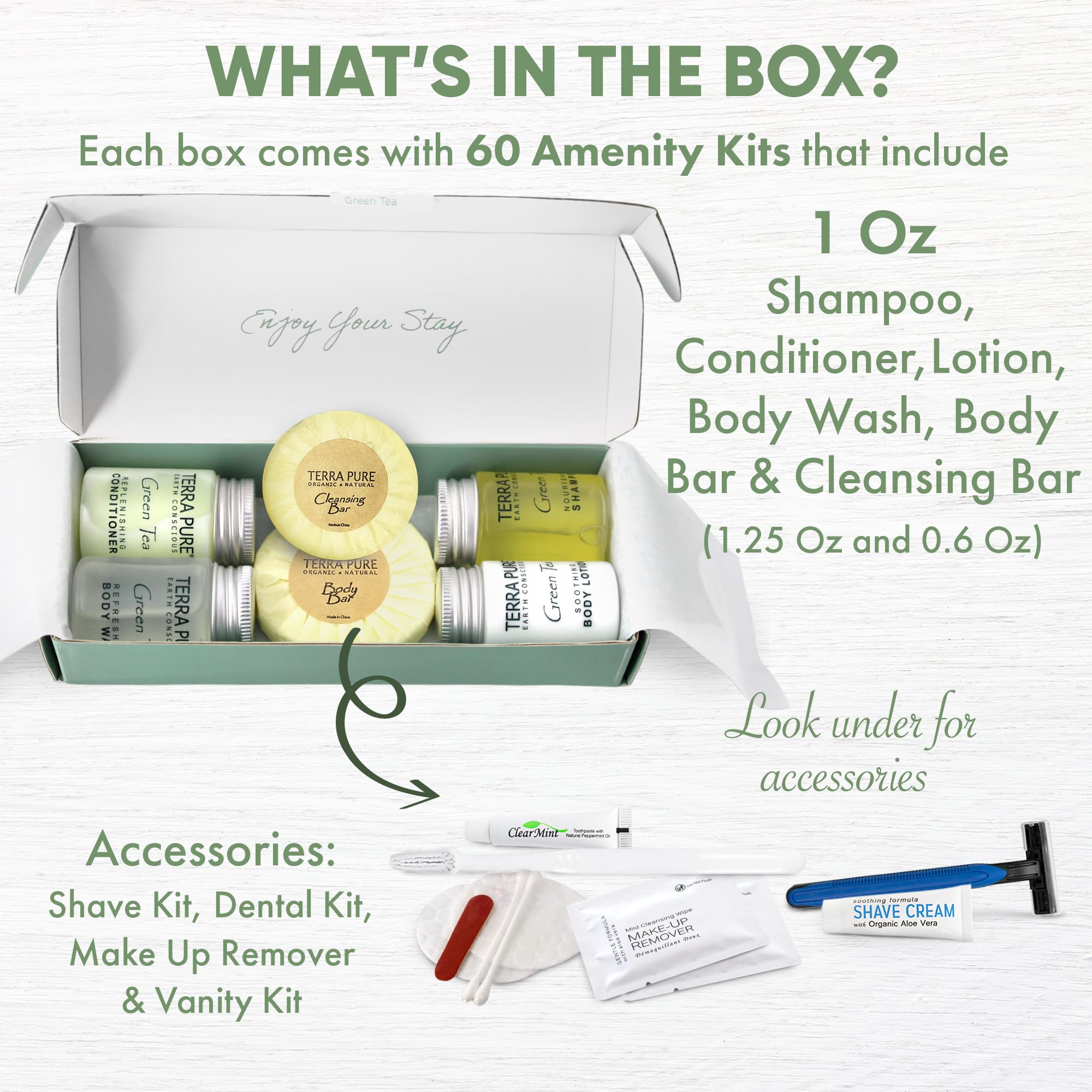 Organic Green Tea Travel Amenity Kit - 1 oz Shampoo, Conditioner, Body Wash, Lotion, 2 Soap Bars, Shaving Kit, Dental Set & Makeup Remover Wipes (60 Sets/Case) | Perfect for Hotels, Spas, Airlines & Luxury Travel Essentials