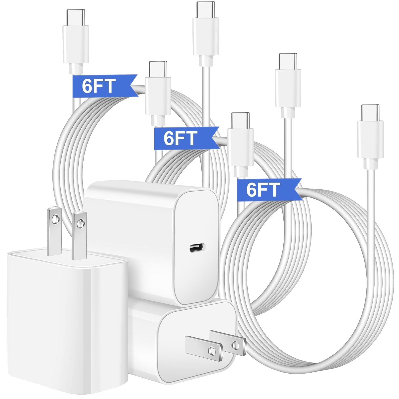 20W Fast Charger 3-Pack with 6FT USB-C Cable for iPhone 16/15/Pro Max/Plus & iPad Pro/Air - Quick Charging Block for Home, Office & Travel