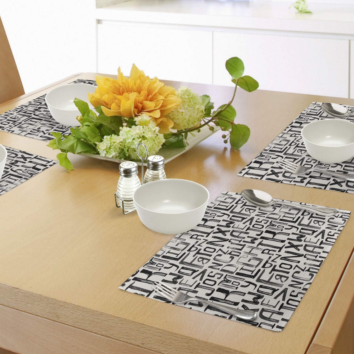 Ambesonne Grunge Place Mats Set of 4 - Modern Alphabet Pattern Washable Fabric Placemats for Dining Room & Kitchen Table Decor in Charcoal Grey & White | Perfect for Casual Dinners, Parties & Home Decor