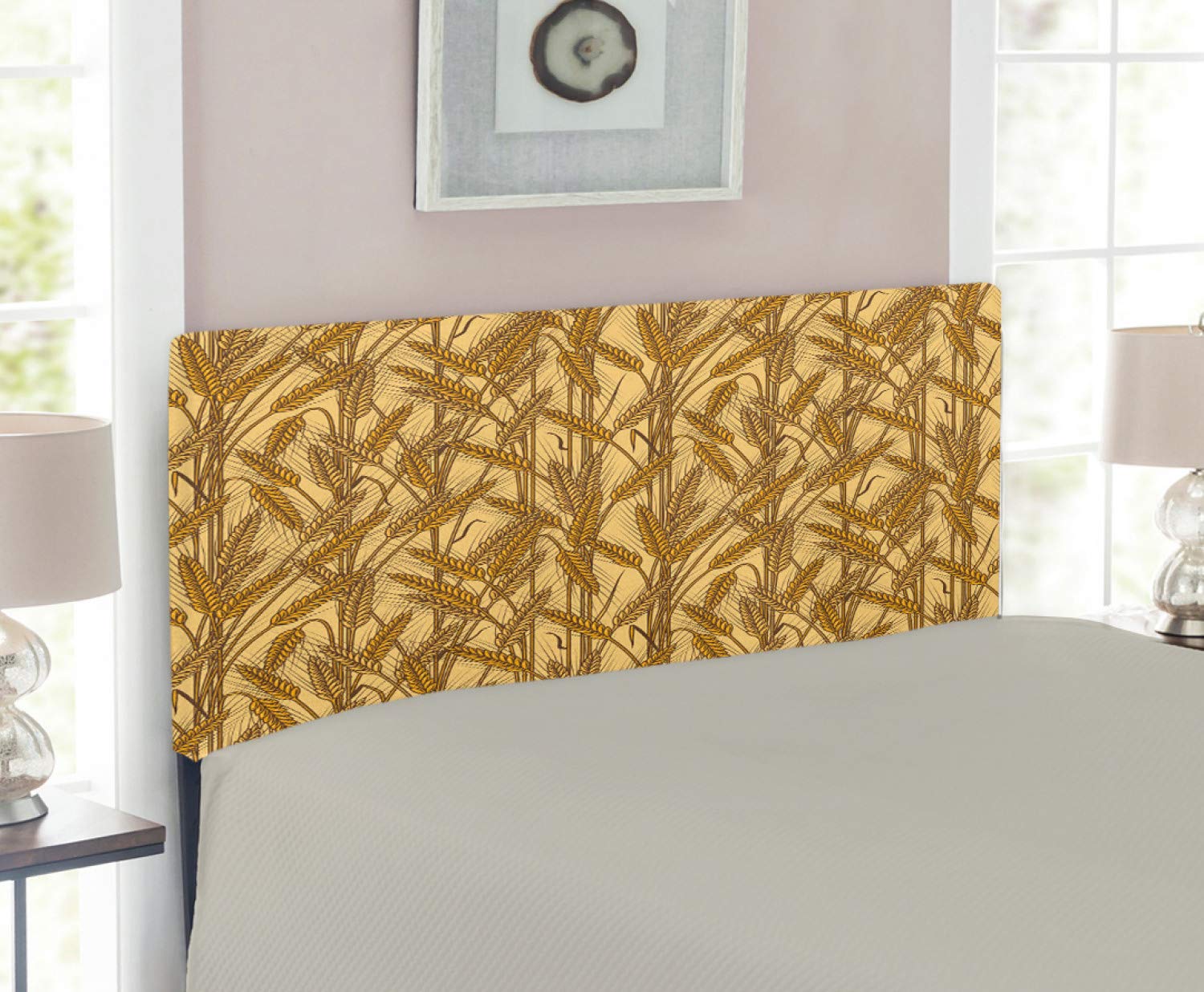Ambesonne Harvest Headboard - Twin Size Upholstered Metal Bed Frame with Memory Foam in Mustard Yellow | Farmhouse Country Decor with Wheat & Rye Field Pattern | Perfect for Farmhouse, Cottage & Rustic Bedroom Decor