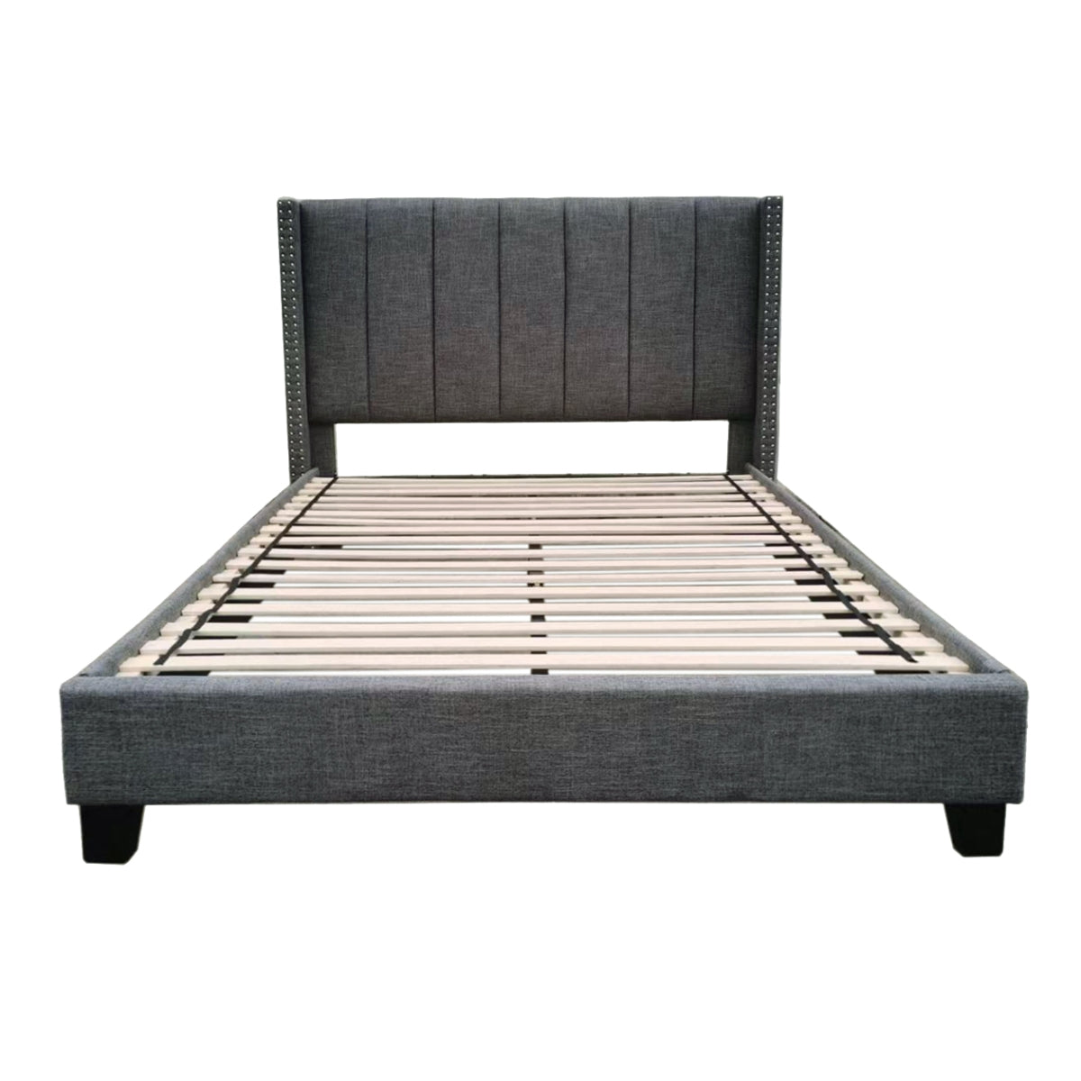 Clara Queen Bed Frame - Dark Grey Linen Upholstered Platform Bed with Tufted Headboard & Nailhead Trim for Modern Bedroom Decor