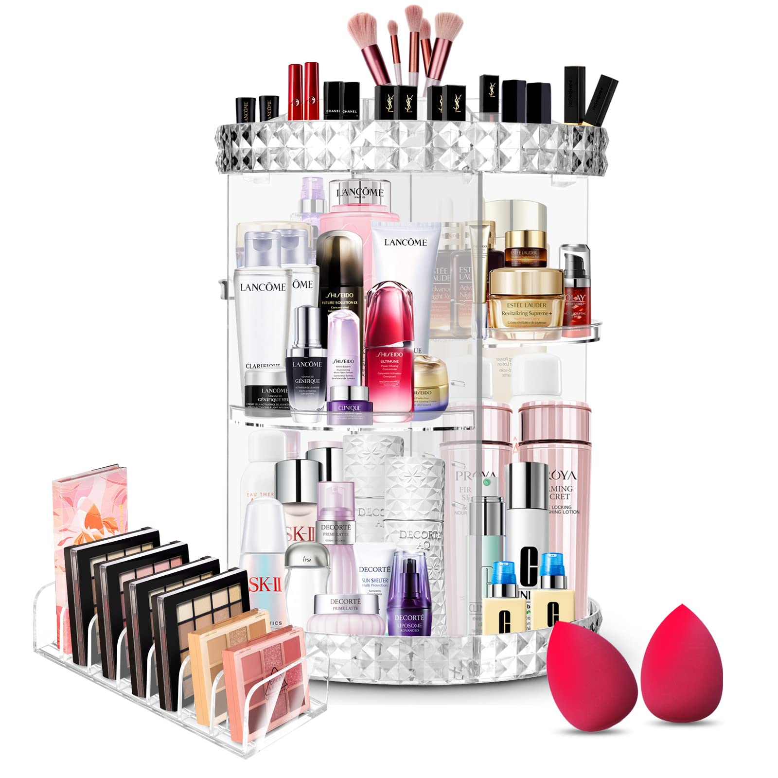 360° Rotating Makeup Organizer Set - Clear Acrylic Cosmetic Storage Box with Makeup Palette & Sponge Holder | Spinning Vanity Organizer for Perfumes, Brushes & Cosmetics | Perfect for Bedroom, Bathroom & Dressing Table Organization