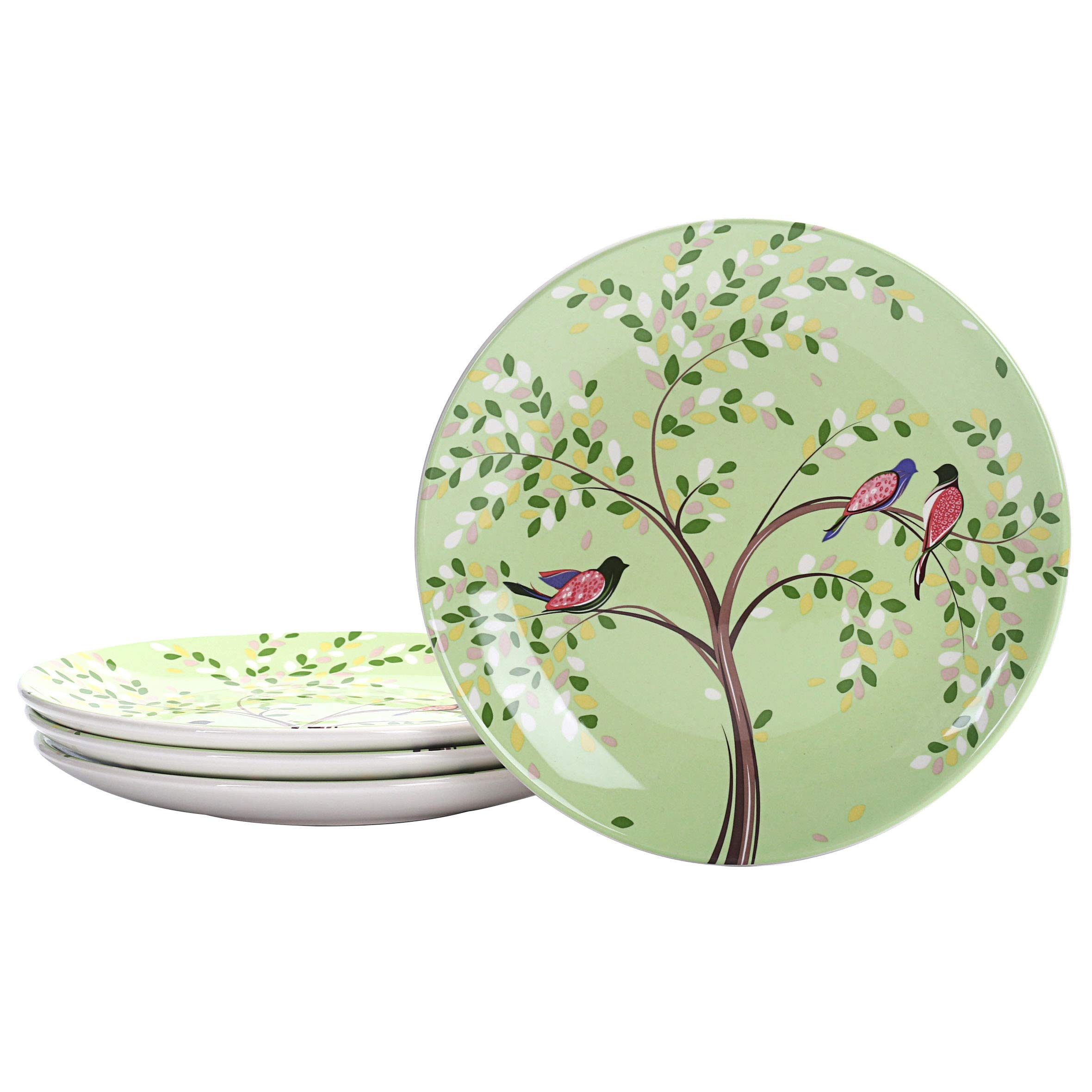 Bico Bird on Tree Ceramic Salad Plates - 8.75 Inch Set of 4 - Microwave & Dishwasher Safe Appetizer Dishes - Perfect for Dinner Parties, Picnics, and Home Decor