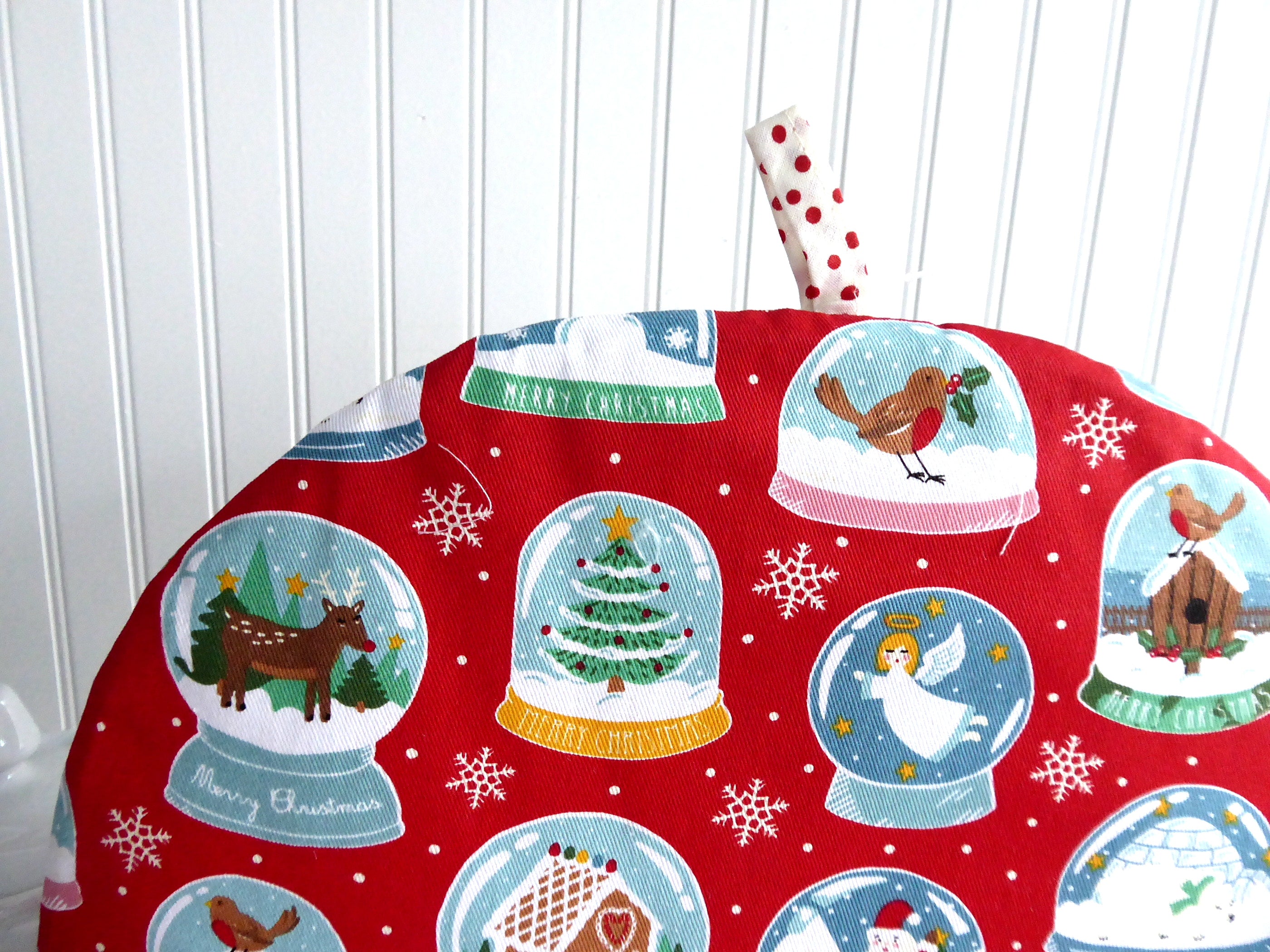 Christmas Snow Globe Tea Cozy - Large Padded Insulated Tea Pot Cover with Polka Dot Lining - Perfect for Holiday Decor & Winter Tea Parties