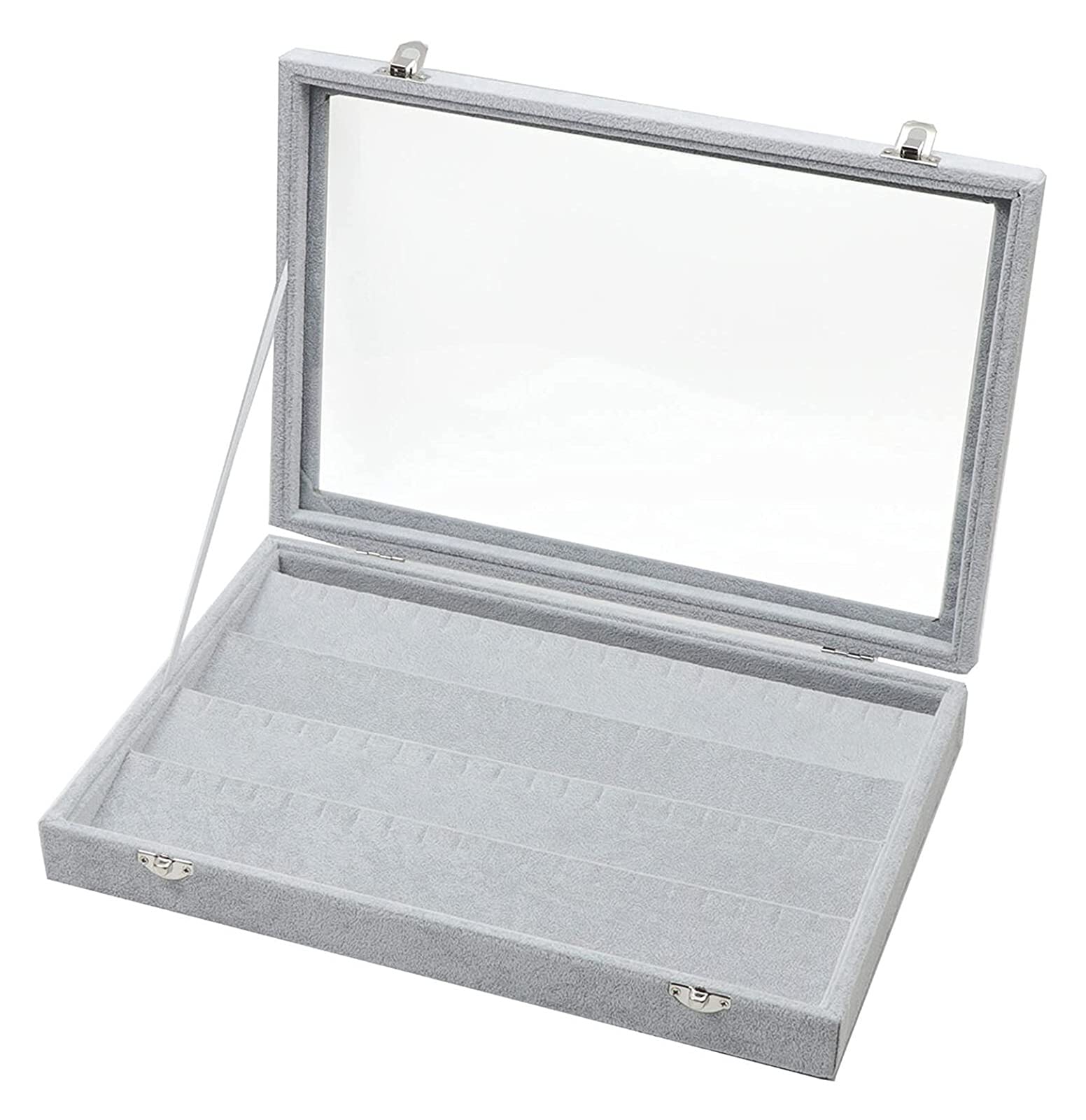 Velvet Jewelry Box with Glass Top - Necklace, Ring, Earring, Bracelet & Anklet Storage Organizer - Premium Jewelry Display Case for Women (Grey) - Perfect for Bedroom Vanity, Travel & Gift Giving