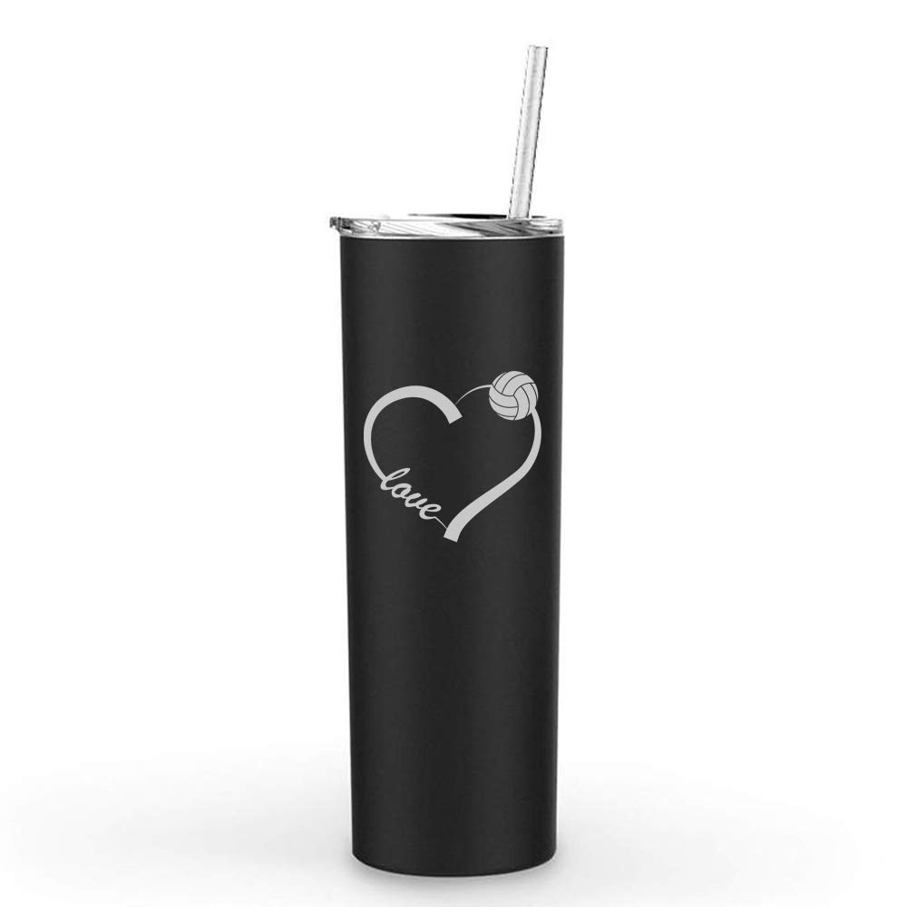 20 oz Skinny Tall Stainless Steel Vacuum Insulated Tumbler with Straw - Double Wall Insulated Travel Mug for Hot & Cold Drinks - Love Heart Volleyball Design (Black) - Perfect for Coffee, Tea, Gym, Work & Outdoor Activities