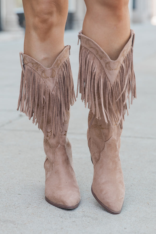 Stylish Suede Fringe & Star Embellished Boots in Warm Taupe - Women's Western Ankle Boots for Fall & Winter Fashion | Perfect for Parties, Concerts and Casual Outings