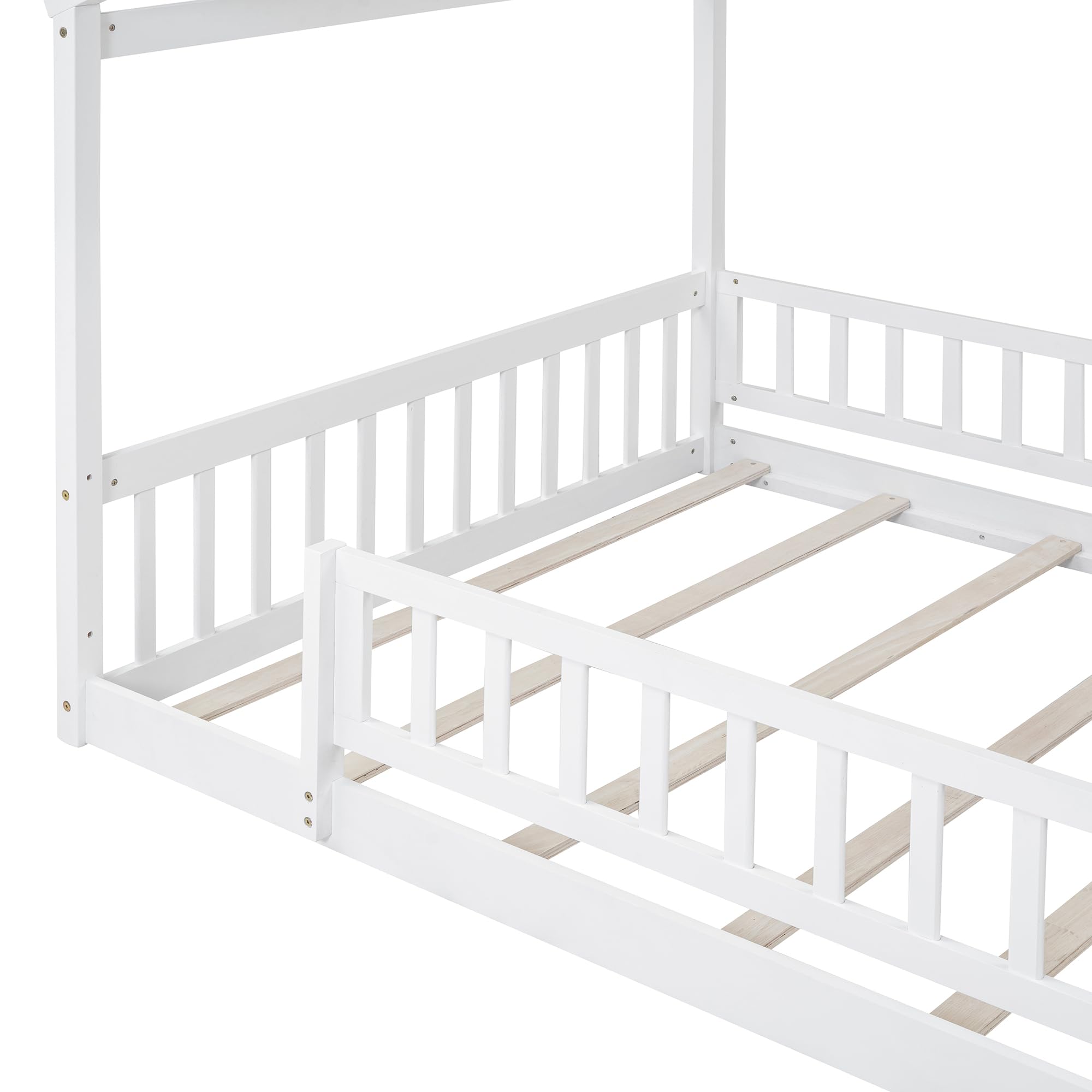 Montessori Floor Bed for Kids - Full Size Wooden House Bed Frame with Safety Fence | White Playhouse Bed for Toddlers & Children | Perfect for Montessori Bedrooms, Playrooms & Cozy Sleep Spaces