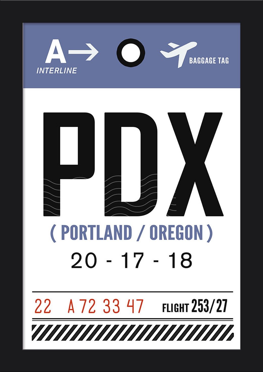 Portland Oregon PDX Airport Luggage Tag - 12x18 Inch Giclee Fine Art Print with Recycled Wood Frame in Black | Perfect for Travel Accessories & Souvenir Gifts