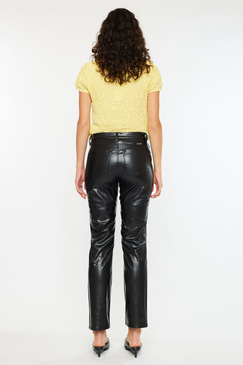 Rudi High Rise Faux Leather Slim Straight Leg Jeans for Women - Stretchy Comfort Fit Pants for Work, Casual & Night Out