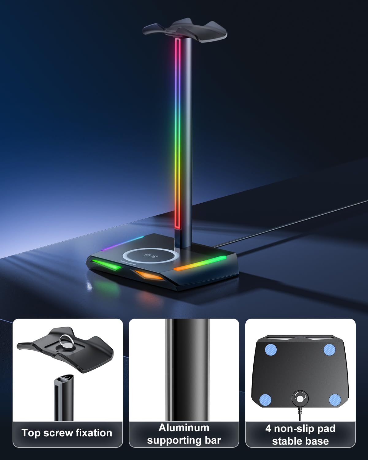 RGB Gaming Headphone Stand with Wireless Charger - 2 USB-C & 1 USB Ports, 7 Color Modes, Non-Slip Base - Perfect for Gaming Setup, Home Office & Streaming Station (Black)