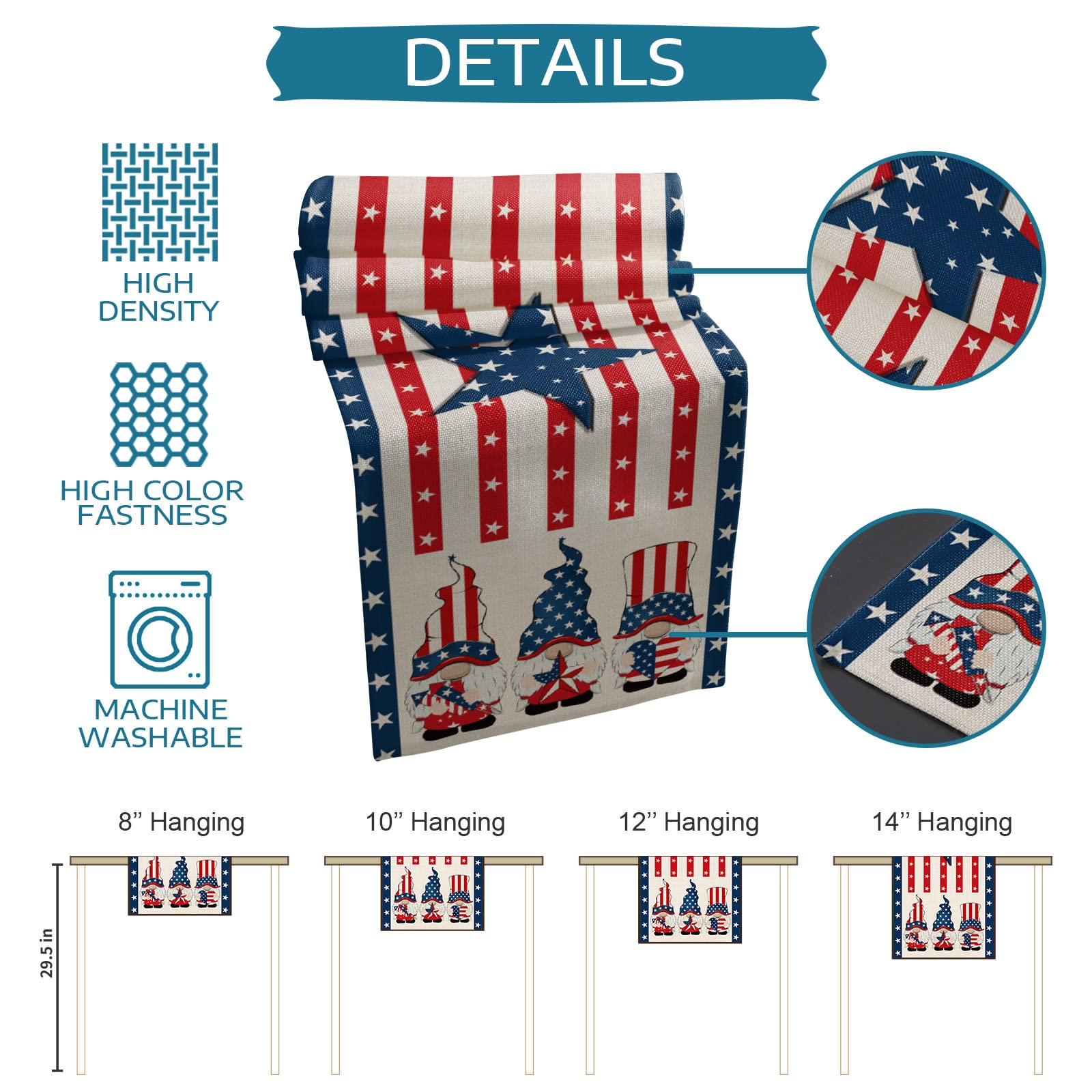 American Flag Day Gnome Table Runner - 13x90 Inch Patriotic Stripe & Star Design - Washable for Round, Kitchen, Coffee & Dining Tables - Perfect for Independence Day & Home Decor