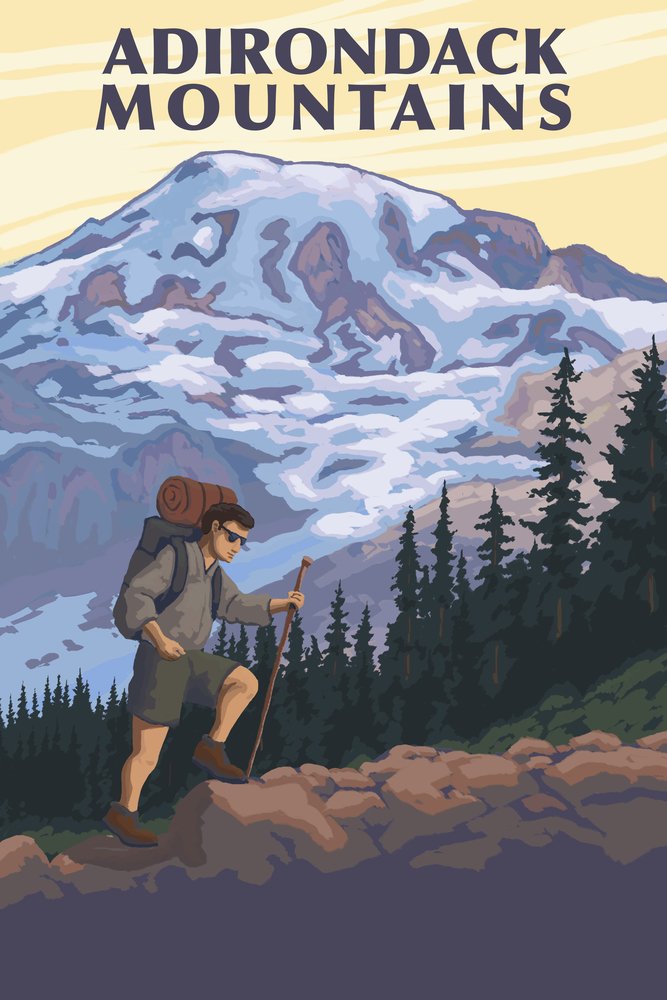 Adirondack Mountains New York Hiker and Mountain 54225 - Signed 24x36 Art Print Poster, Wall Decor for Living Room, Bedroom & Office - Perfect for Nature Lovers & Home Decoration