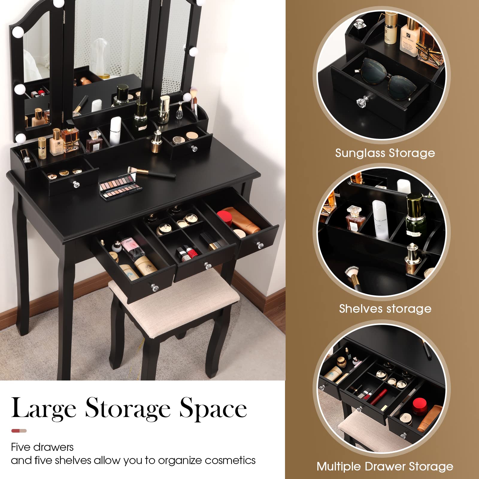 Professional Makeup Vanity Table with LED Lights & Tri-Folding Mirror - 5-Drawer Dressing Table with Lighted Mirror, Black - Perfect for Bedroom, Dressing Room & Beauty Salon Makeup Station