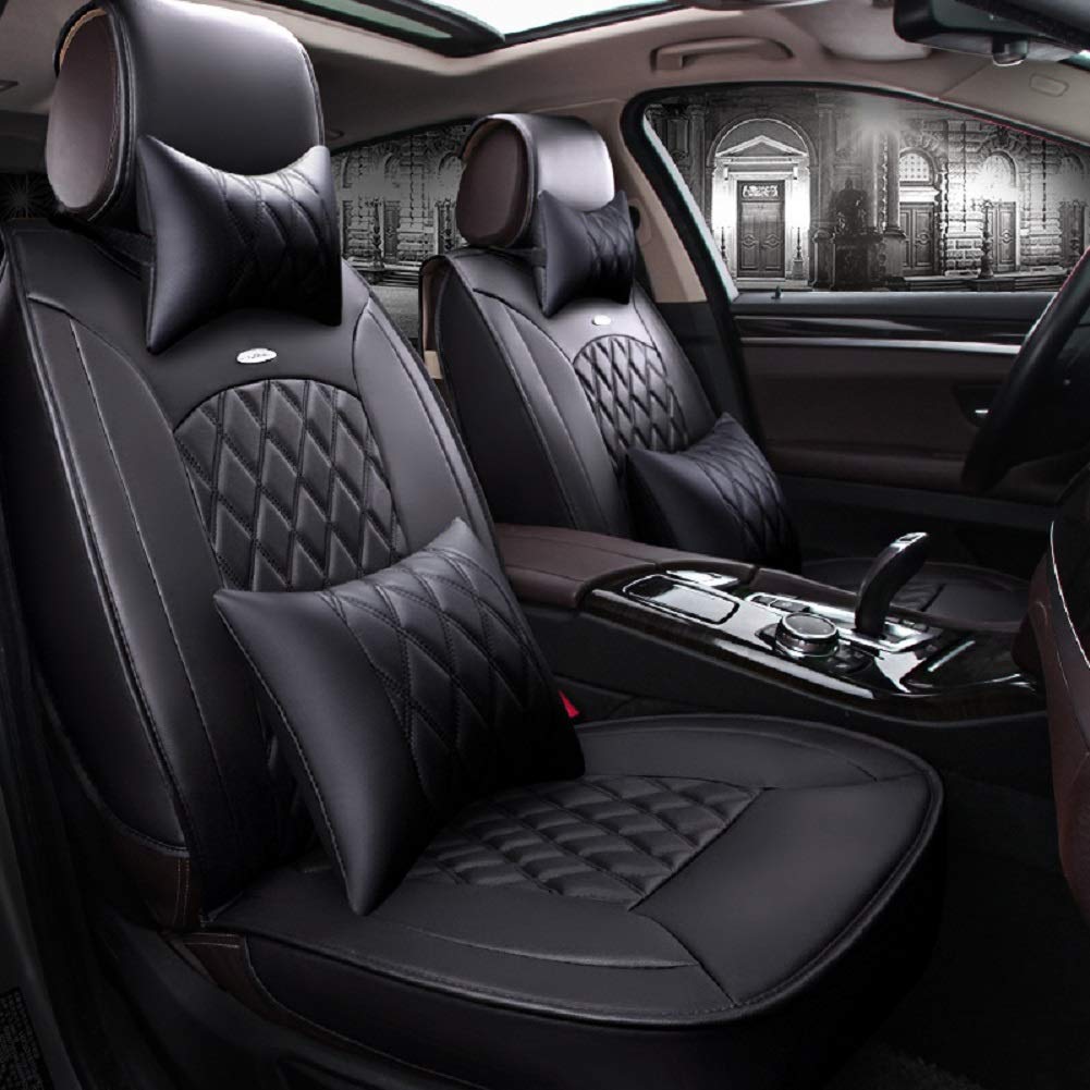 Premium Black Universal Fit 5-Seat Car Seat Covers - Waterproof Leather Auto Seat Protectors with Adjustable Design, 2 Lumbar Support Pillows & 2 Headrest Cushions | Full Set Protection for SUVs, Sedans & Trucks | Perfect for Road Trips, Daily Commute & Family Travel