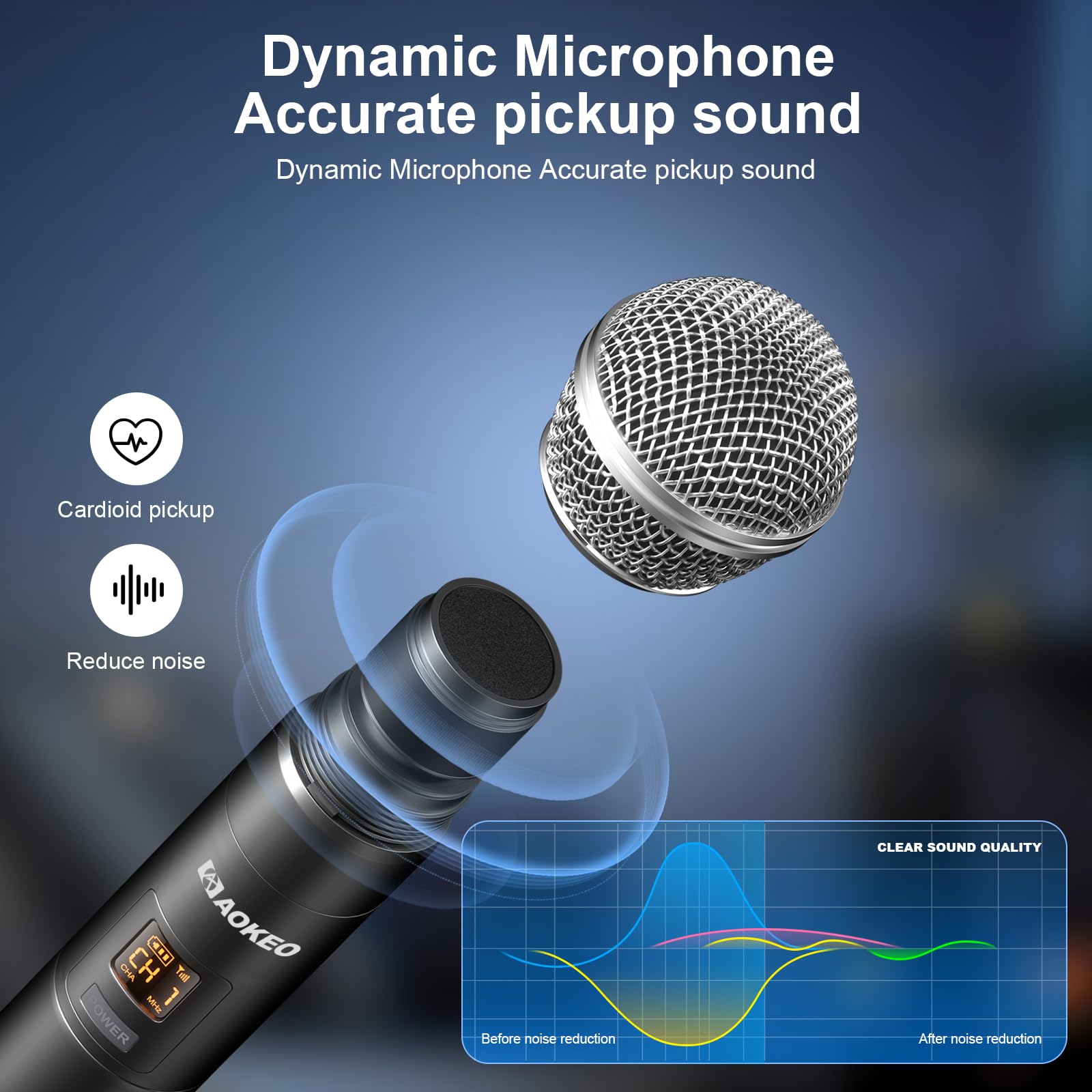 Aokeo UHF Wireless Microphone System - Rechargeable Handheld Dynamic Mic with 160ft Range & 4-Hour Battery Life for Karaoke, Church, Live Performances, Public Speaking & Events - Compatible with Amplifiers, Mixers & PA Systems