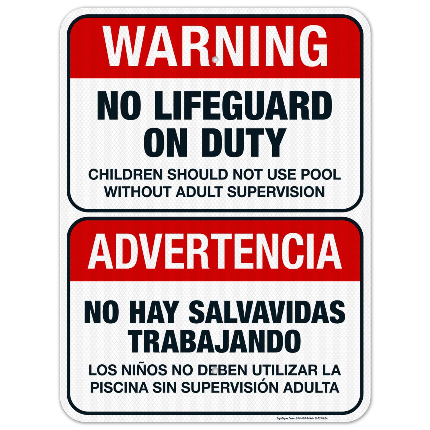 Bilingual No Lifeguard On Duty Sign - Spanish/English 18x24 Inch | 3M EGP Reflective .080 Aluminum | Fade Resistant & Easy Mounting | Indoor/Outdoor Safety Sign | Made in USA | Perfect for Pools, Beaches & Water Parks
