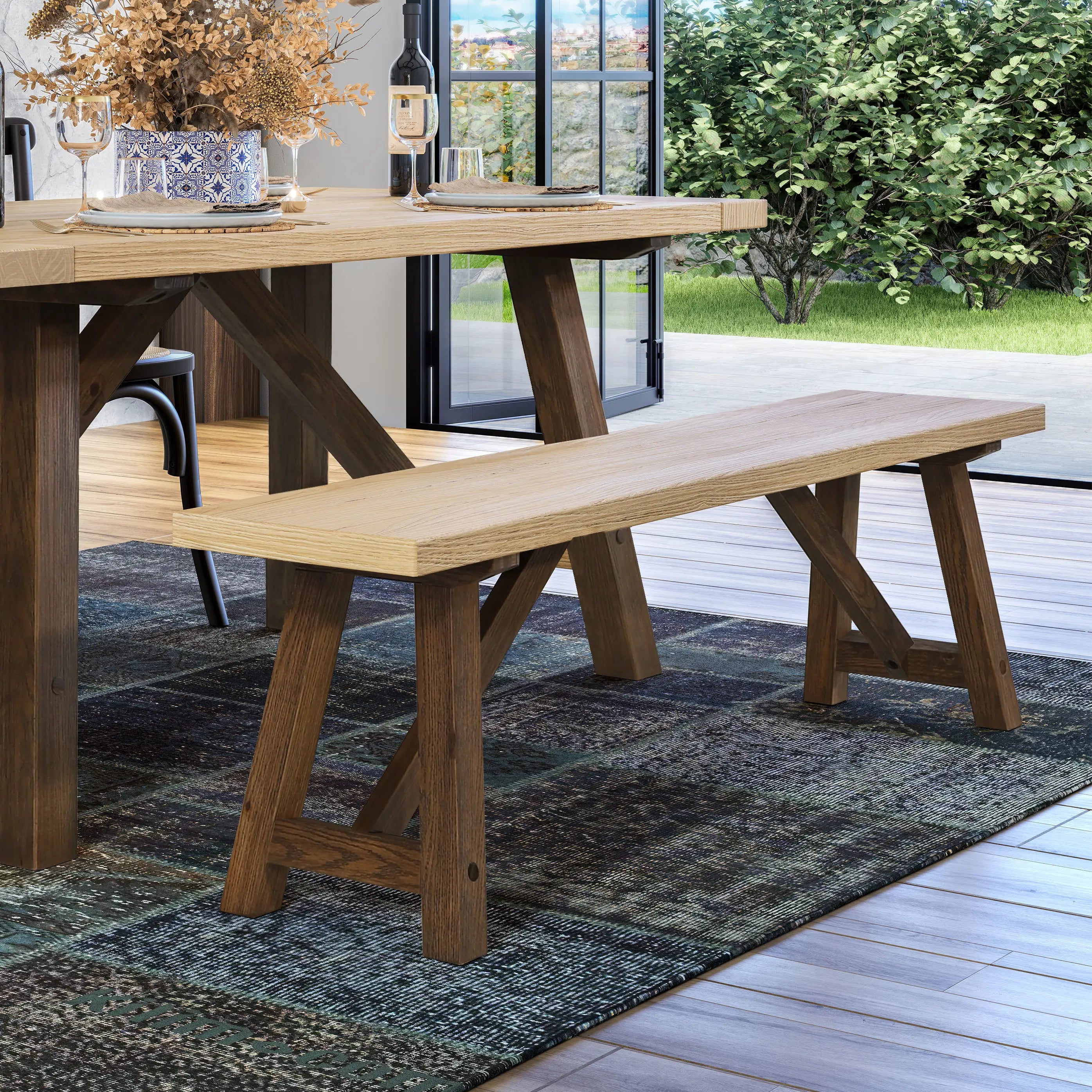 Solid Wood Bench - Cascais Style Handcrafted Wooden Bench for Patio, Garden, or Entryway - Durable & Weather-Resistant Outdoor Seating