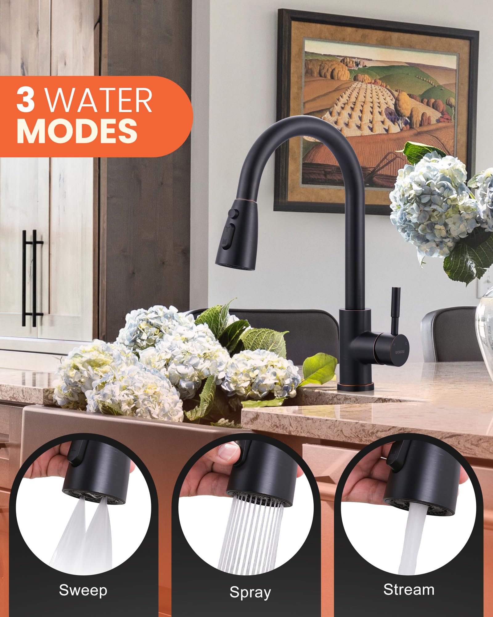 WOWOW Oil Rubbed Bronze High Arc Pull Down Kitchen Faucet with Sprayer - Stainless Steel Sink Faucet for Modern Kitchens | Perfect for Washing Dishes, Filling Pots & Cleaning Vegetables