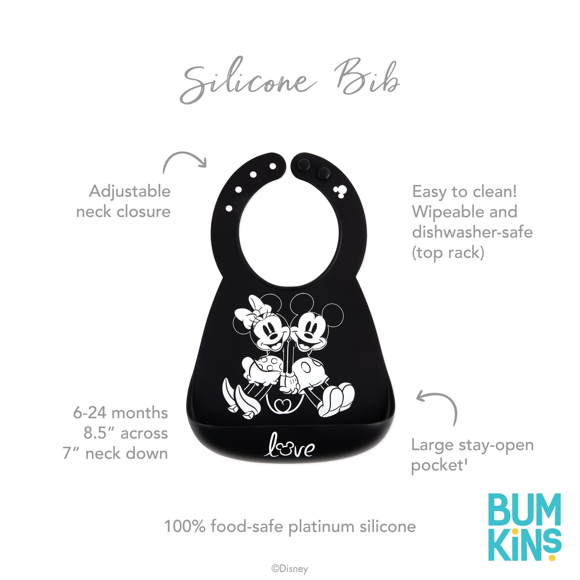Bumkins Silicone Baby Bib with Pocket for Toddlers 6-24 Months - Reusable, Waterproof Feeding Bib for Girls & Boys - Perfect for Baby-Led Weaning, Mess-Free Mealtime & Travel - Mickey & Minnie Mouse Design