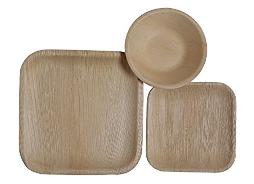Eco-Friendly Square Palm Leaf Dinnerware Set - 225 Pieces (75 Dinner Plates, 75 Salad Plates, 75 Bowls) | Biodegradable Disposable Party Tableware for Weddings, Picnics & Outdoor Events | Heavy Duty Sustainable Serving Utensils