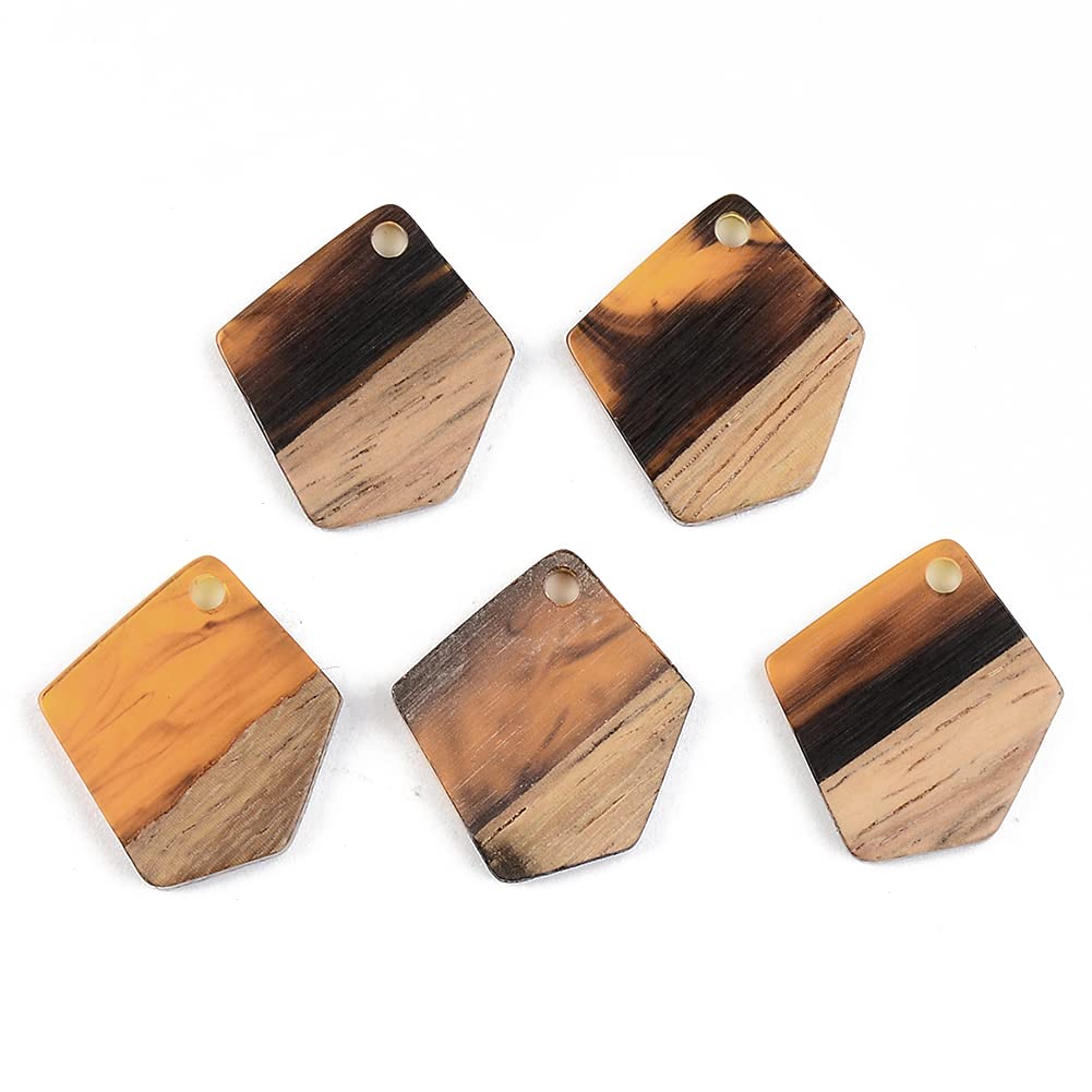 50pcs Two-Tone Polygon Resin Walnut Wood Pendants - Orange Wooden Earring Charms for DIY Jewelry Making | Perfect for Necklaces, Bracelets & Handmade Crafts