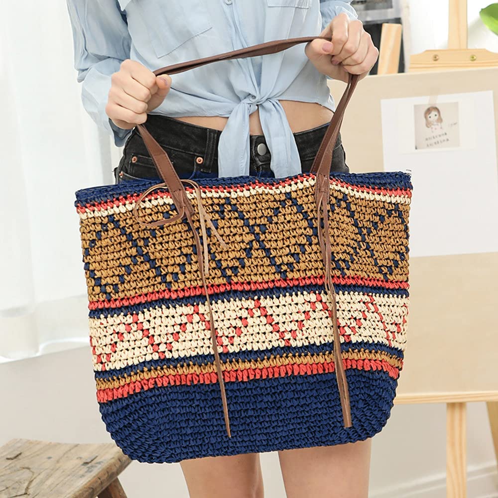 Retro Straw Beach Bag for Women - Geometric Pattern Tote with Tassels | Summer Vacation & Outings