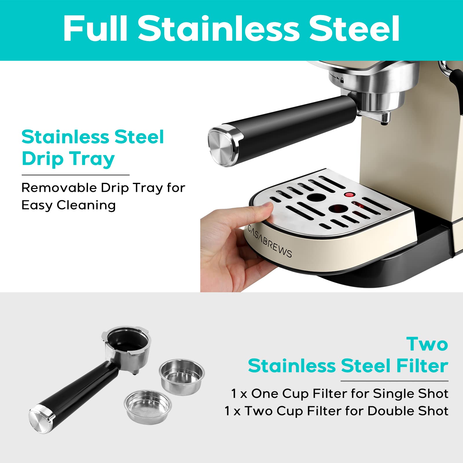 CASABREWS 20 Bar Espresso Machine with Milk Frother - Stainless Steel Coffee Maker, 34oz Removable Water Tank for Creamy Espresso & Latte - Perfect for Home Baristas & Coffee Lovers