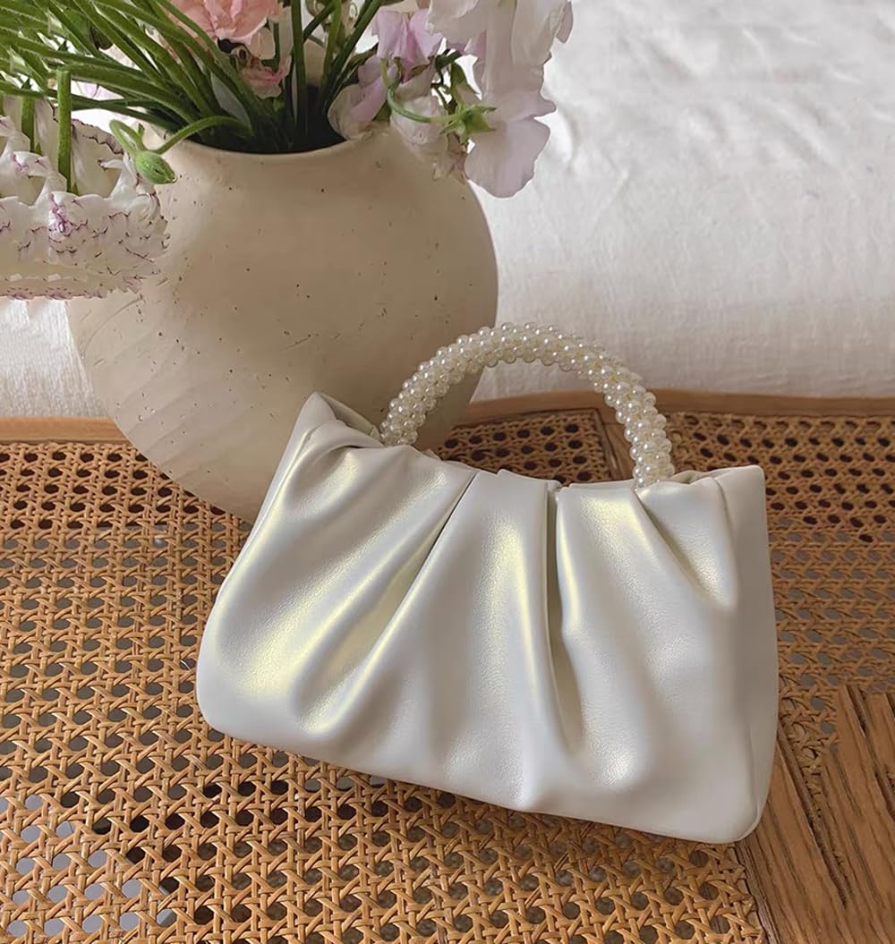 Elegant Pearl Embellished Women's Evening Purse - Soft Leather Ruched Clutch Bag for Wedding, Bridal, Party & Prom - Crossbody Handbag for Special Occasions & Night Out