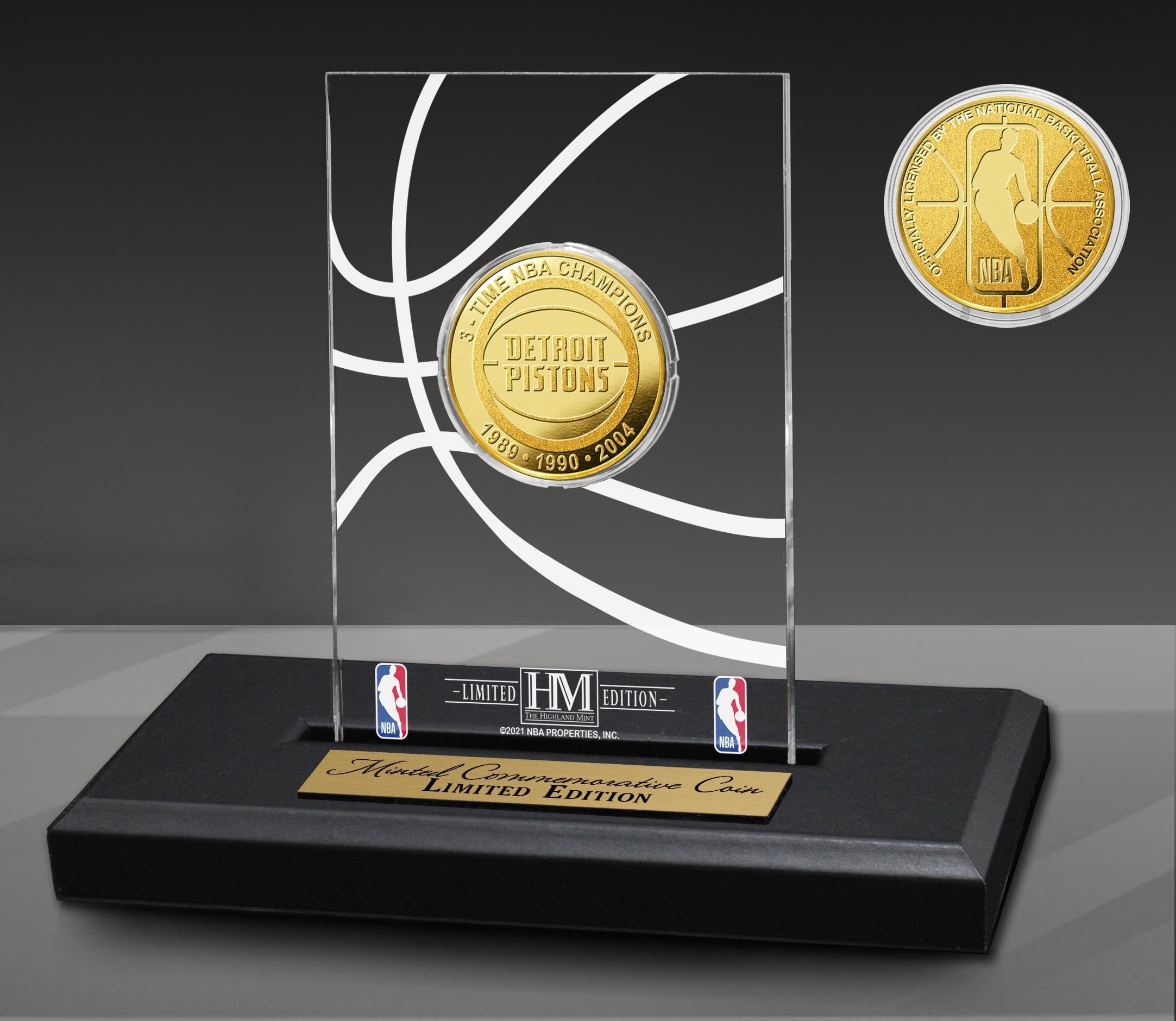 Detroit Pistons 3-Time NBA Champions Commemorative Gold Coin in Acrylic Display Case - Perfect for Office Desk Decor, Sports Memorabilia Collection, and Basketball Fan Gifts