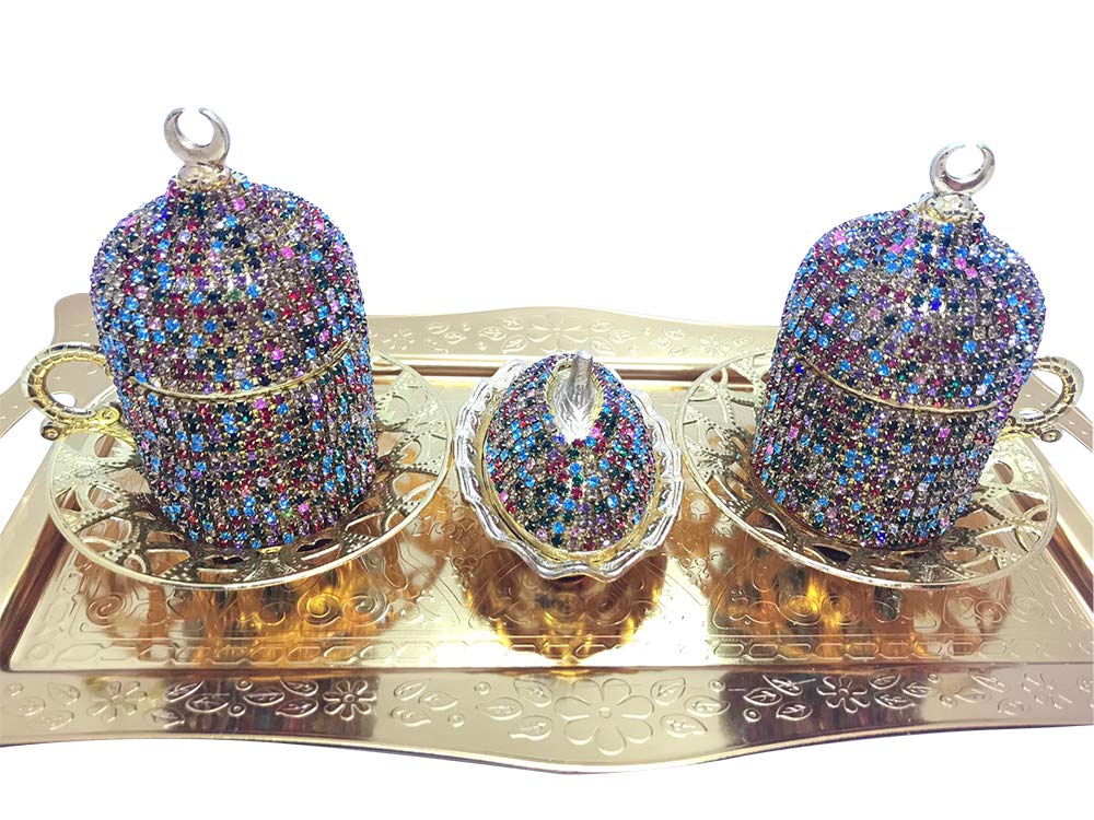 Swarovski Crystal Coated Coffee Cup Set - 2 Piece Multi Color Ottoman Turkish Greek Arabic Espresso Cups with Golden Saucer - Perfect for Home, Cafe, and Gift Giving