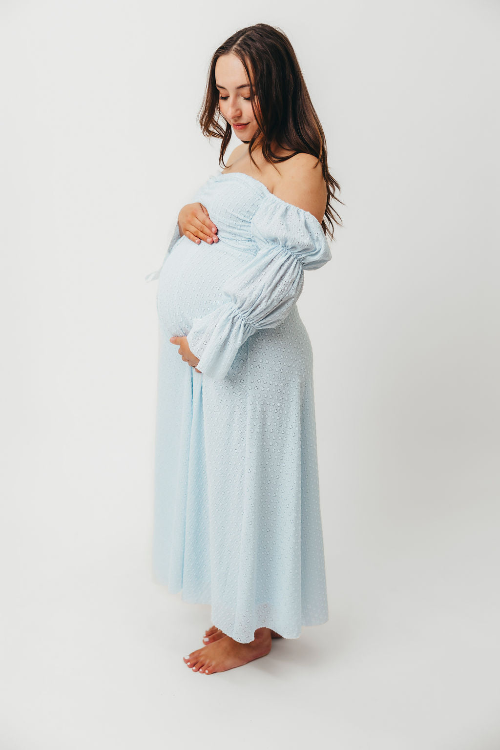Corrine Tiered Sleeve Maxi Dress with Pockets - Baby Blue Maternity Dress | Bump Friendly & Comfortable for Pregnancy, Nursing, Baby Showers and Special Occasions