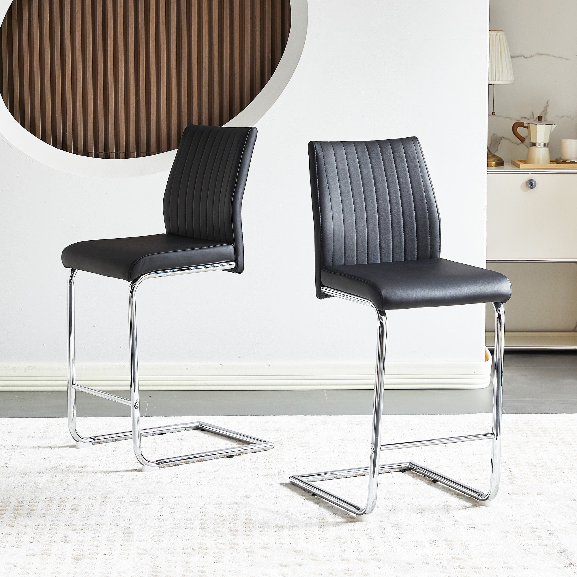 Modern Black PU Leather Bar Stools Set of 2 - Chrome Metal Frame Counter Height Chairs for Kitchen Island, Dining Room & Home Bar Decor