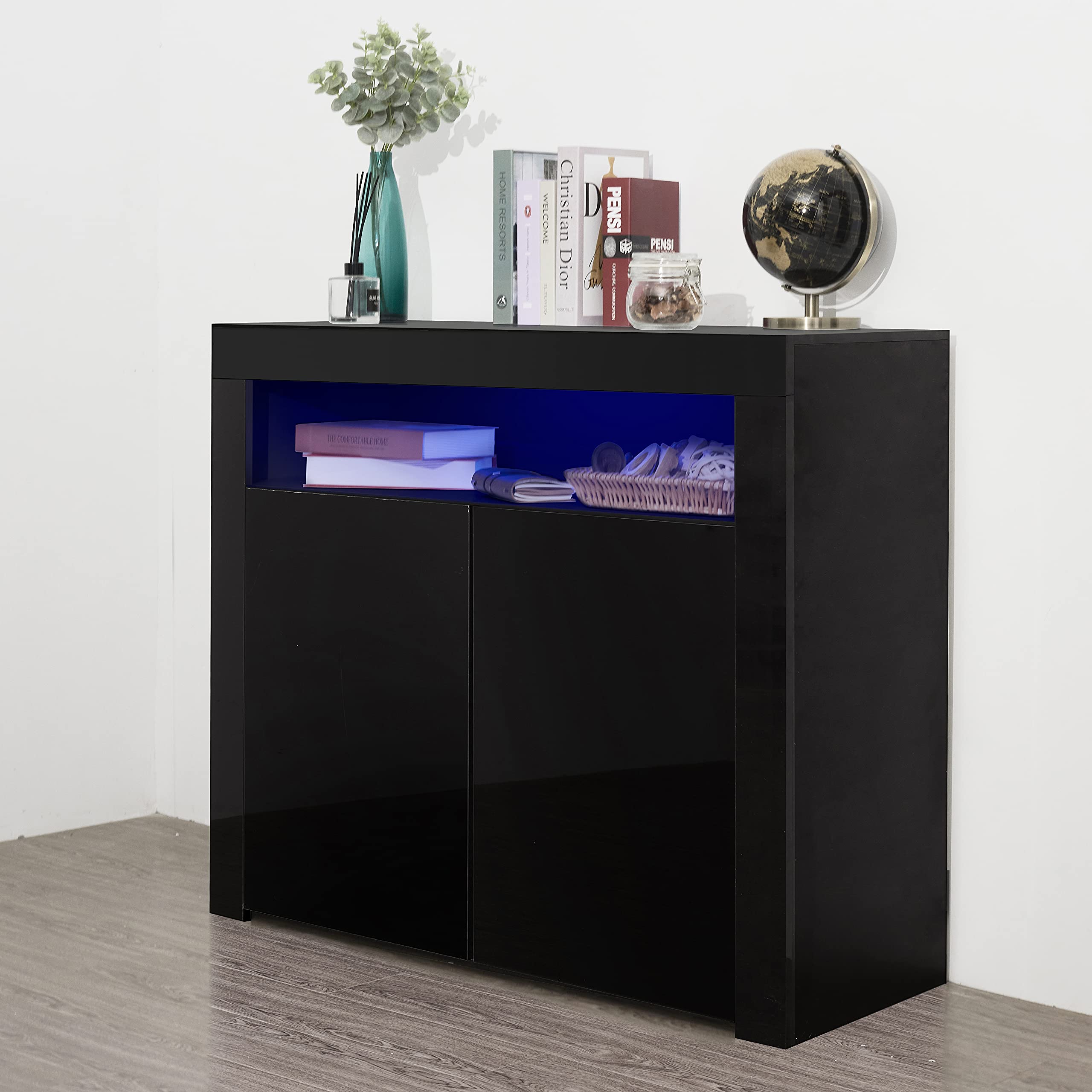 Modern High Gloss LED Kitchen Sideboard Cabinet - 2-Door Storage Cupboard with LED Lighting for Dining Room, Hallway & Bar Display | Accent Furniture for Contemporary Home Decor (Black)