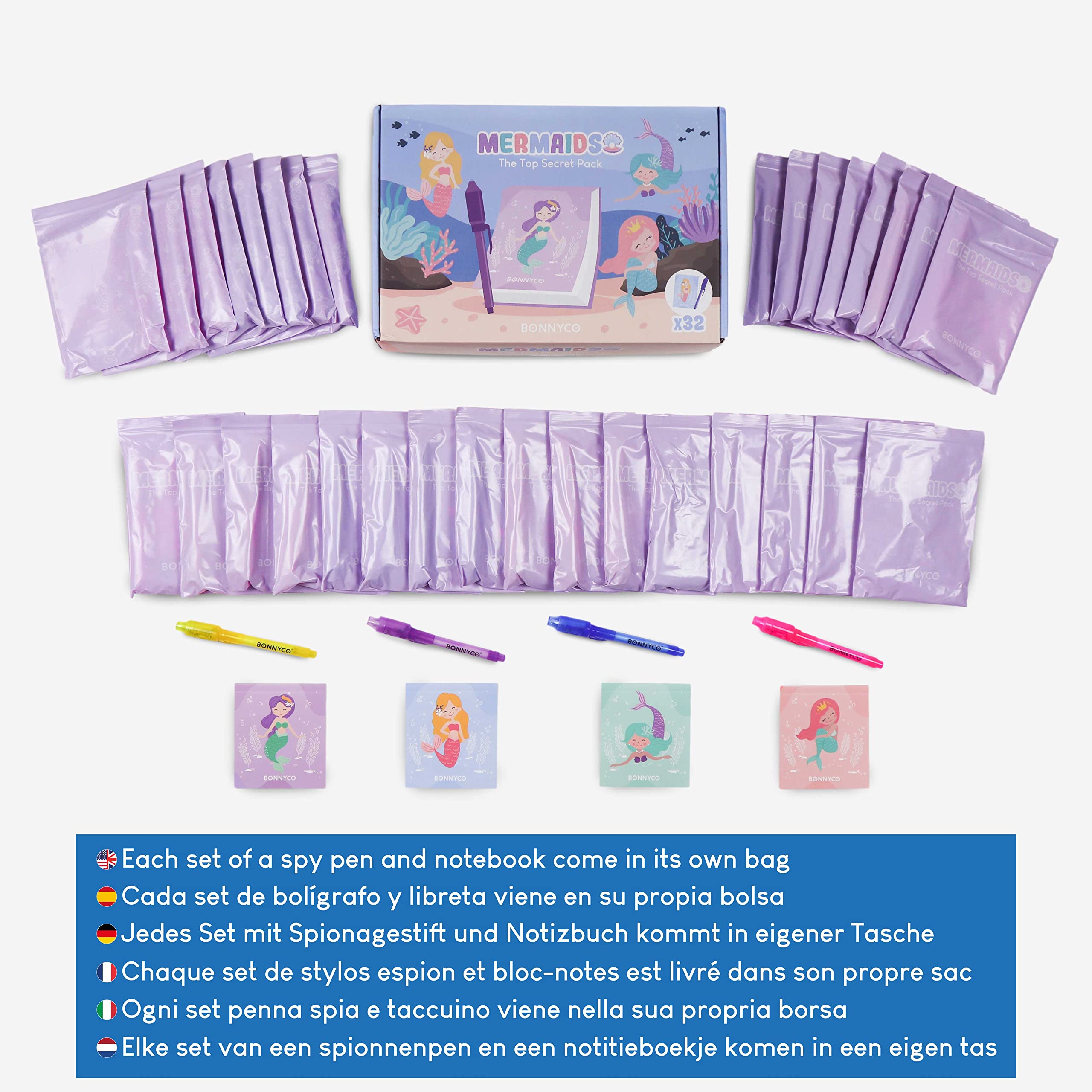 BONNYCO 32-Pack Invisible Ink Pen and Notebook Set for Kids - Magic Spy Writing Pens with Mermaid Theme | Fun Party Favors, Classroom Prizes, Birthday Gifts | Perfect for Mermaid Themed Parties, Spy Games, and Creative Writing Activities