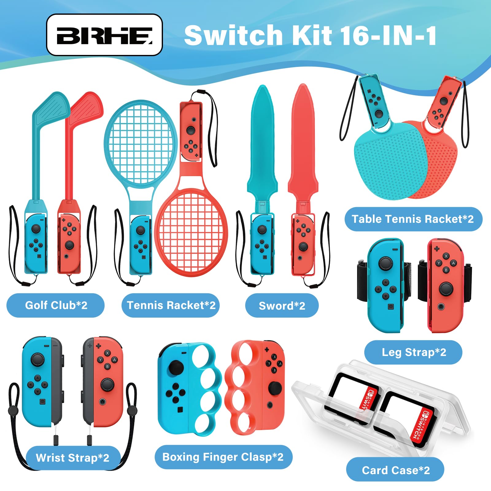 BRHE 16-in-1 Nintendo Switch Sports Accessories Bundle - Compatible with Switch & OLED - Includes Motion Controllers for Tennis, Bowling & More - Perfect for Family Game Nights & Multiplayer Sports Games