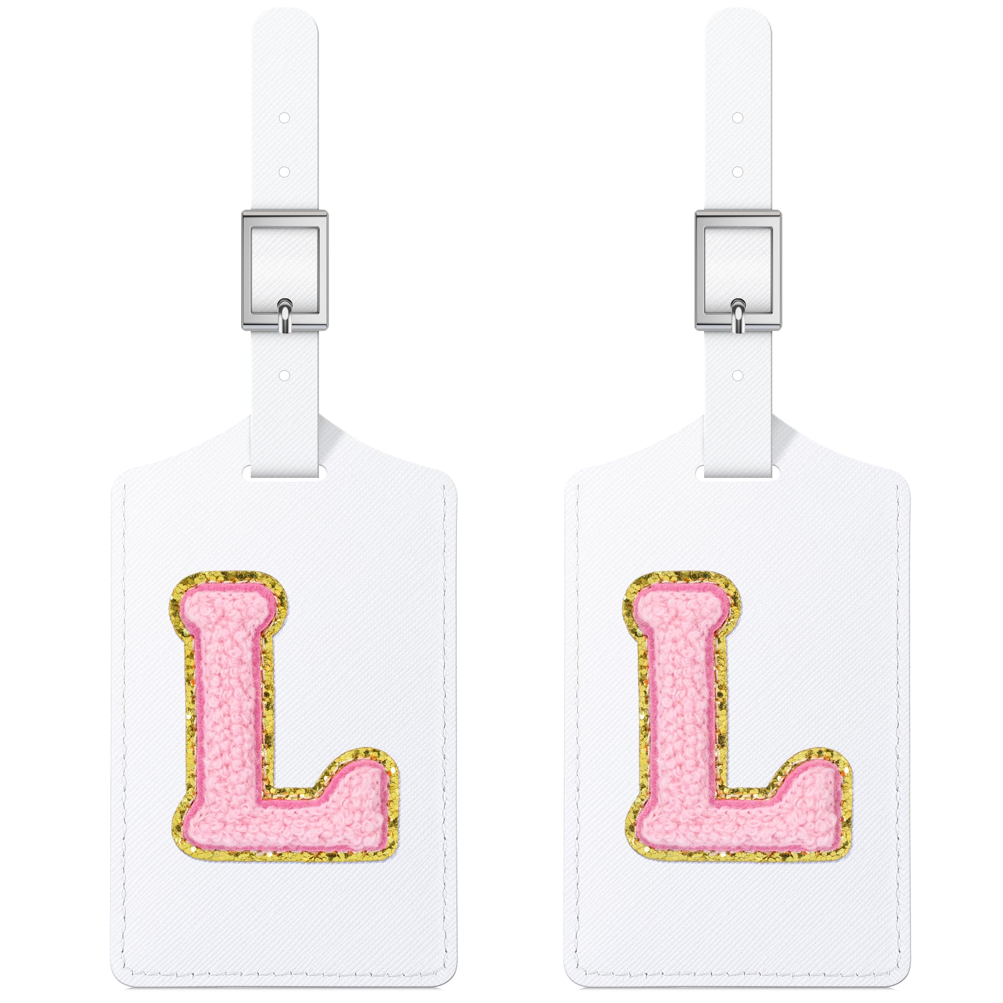 Personalized Initial Luggage Tags - 2 Pack Cute Embroidered Letter PU Leather Suitcase ID Tags with Privacy Cover for Travel (L Size, White Leather & Pink Letters) - Perfect for Women, Kids, Teens & Men - Great for Airports, Cruises & Vacation Trips