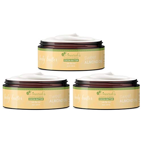 Organic Whipped Cocoa Body Butter with Sweet Almond Oil - 8oz (3 Pack) | Unscented Body Moisturizer Cream for Dry Skin - Hydrating & Nourishing for Hands, Feet & Elbows - 24oz Total