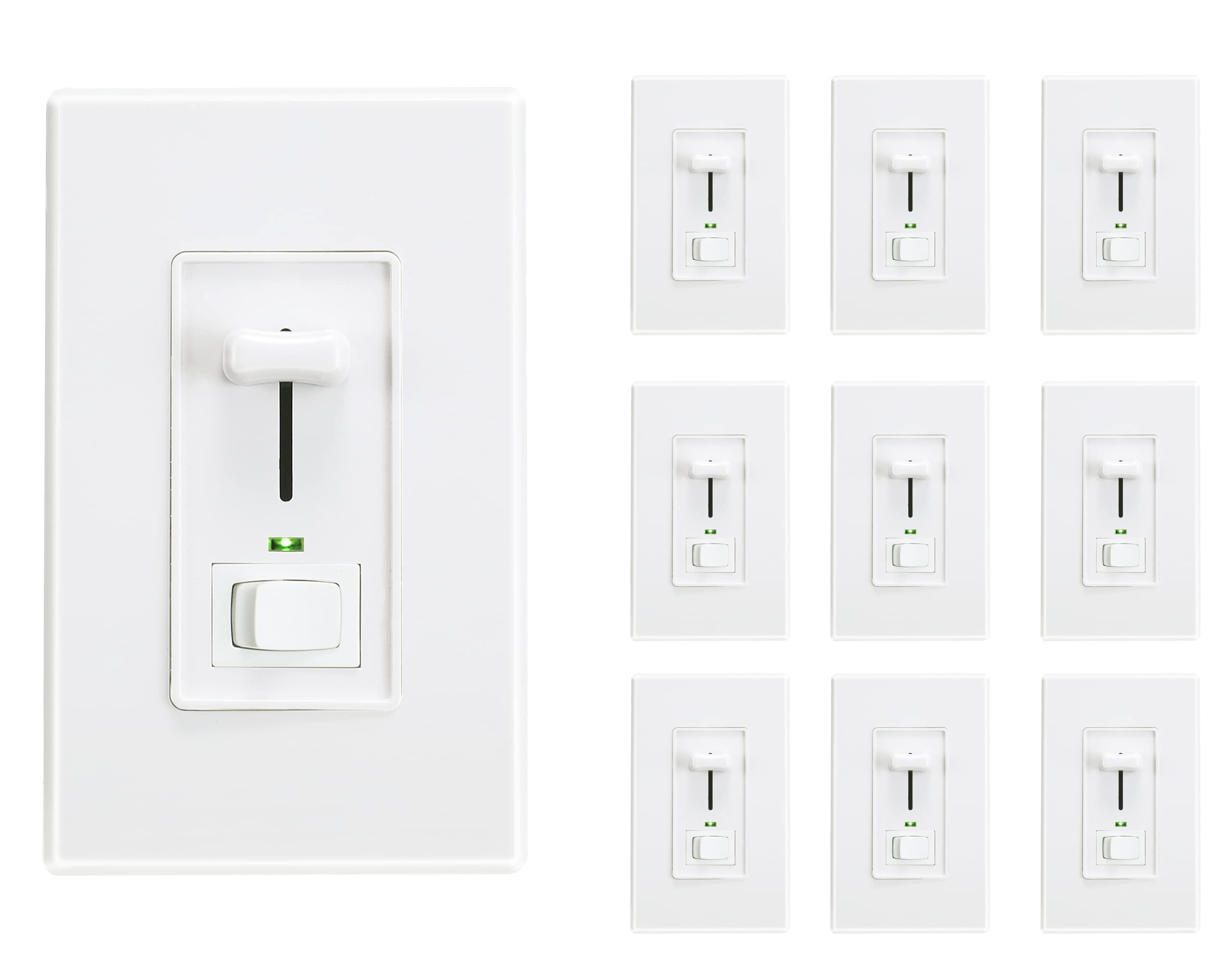 Cloudy Bay Wall Dimmer Switch with Green LED Indicator - 600W Max, 3-Way/Single Pole Dimmable for LED/CFL/Incandescent Lights - Includes White Cover Plate (10-Pack) - Perfect for Bedrooms, Living Rooms & Home Lighting Control