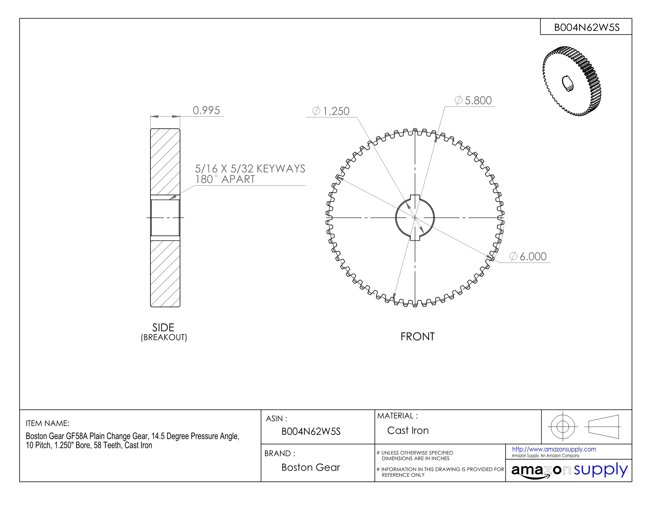 GF58A Plain Change Gear - 14.5° Pressure Angle, 10 Pitch, 1.25