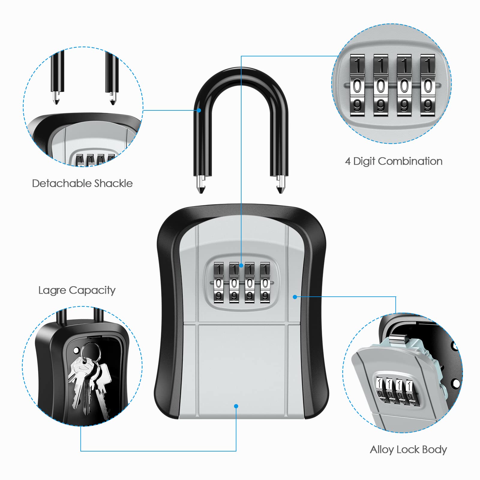 AMIR Key Lock Box for Outdoor Use - 4-Digit Combination Security Lock Box for House Keys, Wall Mounted Portable Storage Safe for Home, Realtors & Garage Spare Keys - Perfect for Vacation Rentals, Airbnb Hosts & Property Management